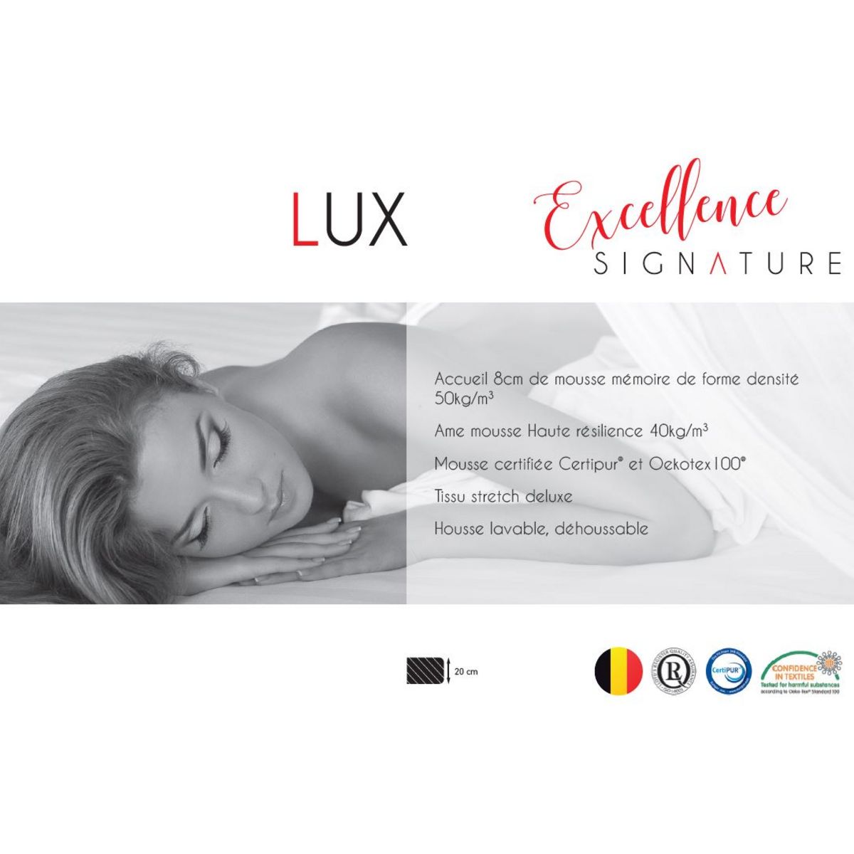 Excellence Collection Matelas accueil 8cm mémoire de forme + mousse Haute Résilience 40 kg/m3 140x190cm LUX