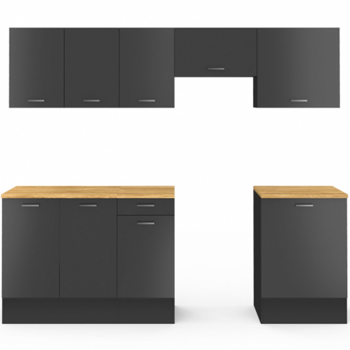 ID MARKET Cuisine complète 240 cm SUBTIL avec plan de travail 7 éléments noir et plateaux bois