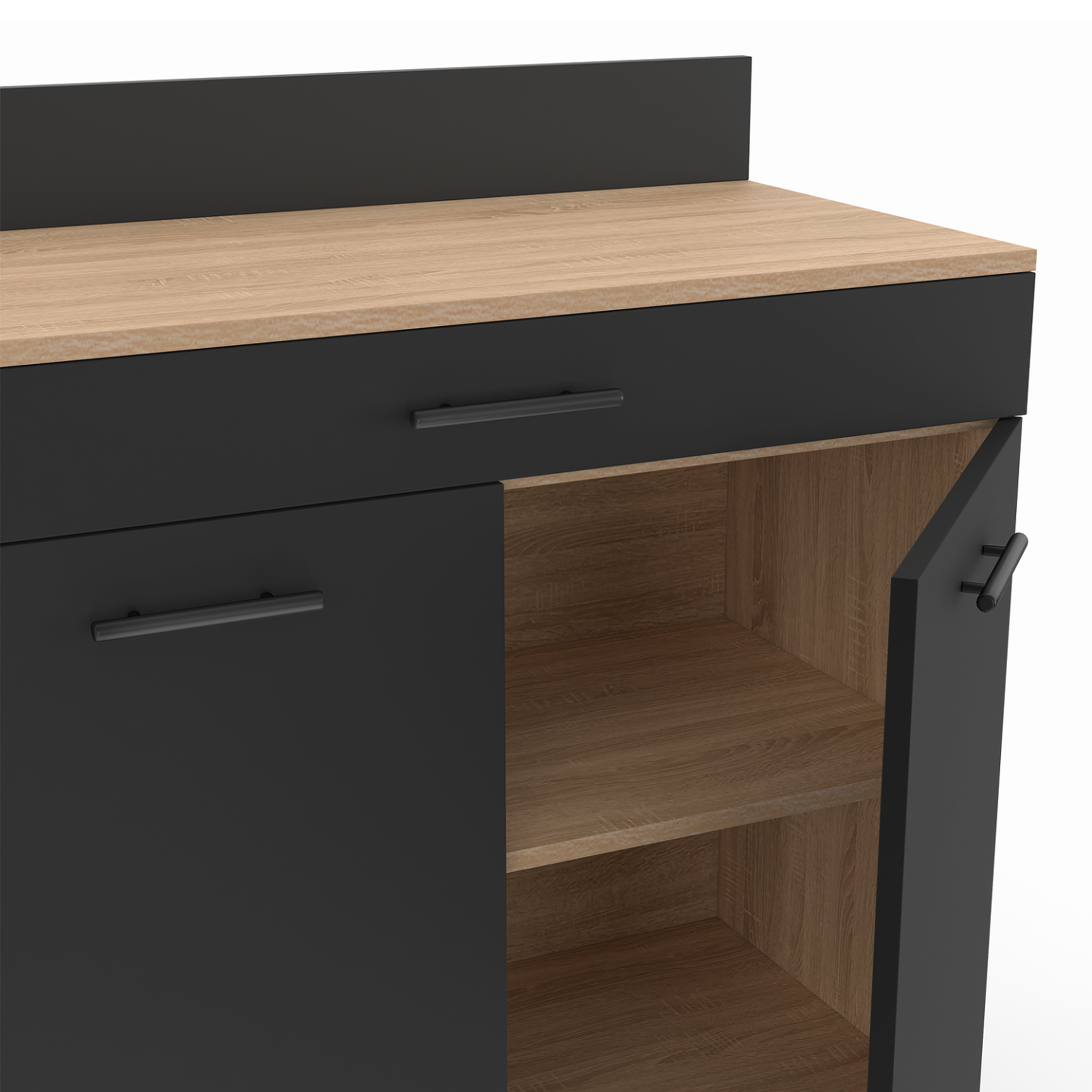 Voir la diapositive 6 : ID MARKET Buffet bas de cuisine 80 cm cina plan de travail h.83 cm 2 portes + tiroir façon hêtre et noir