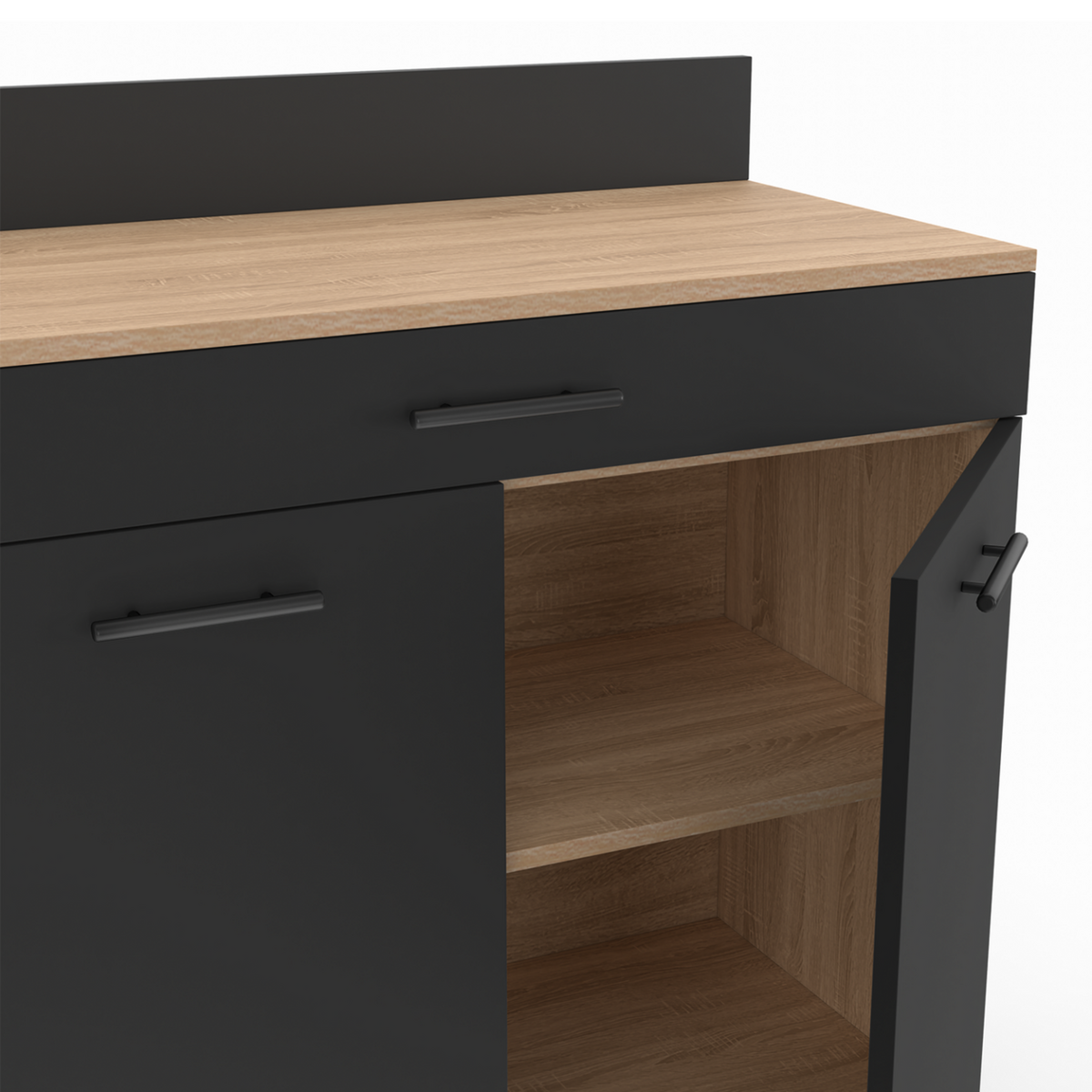 ID MARKET Buffet bas de cuisine 80 cm CINA plan de travail H.83 cm 2 portes + tiroir façon hêtre et noir