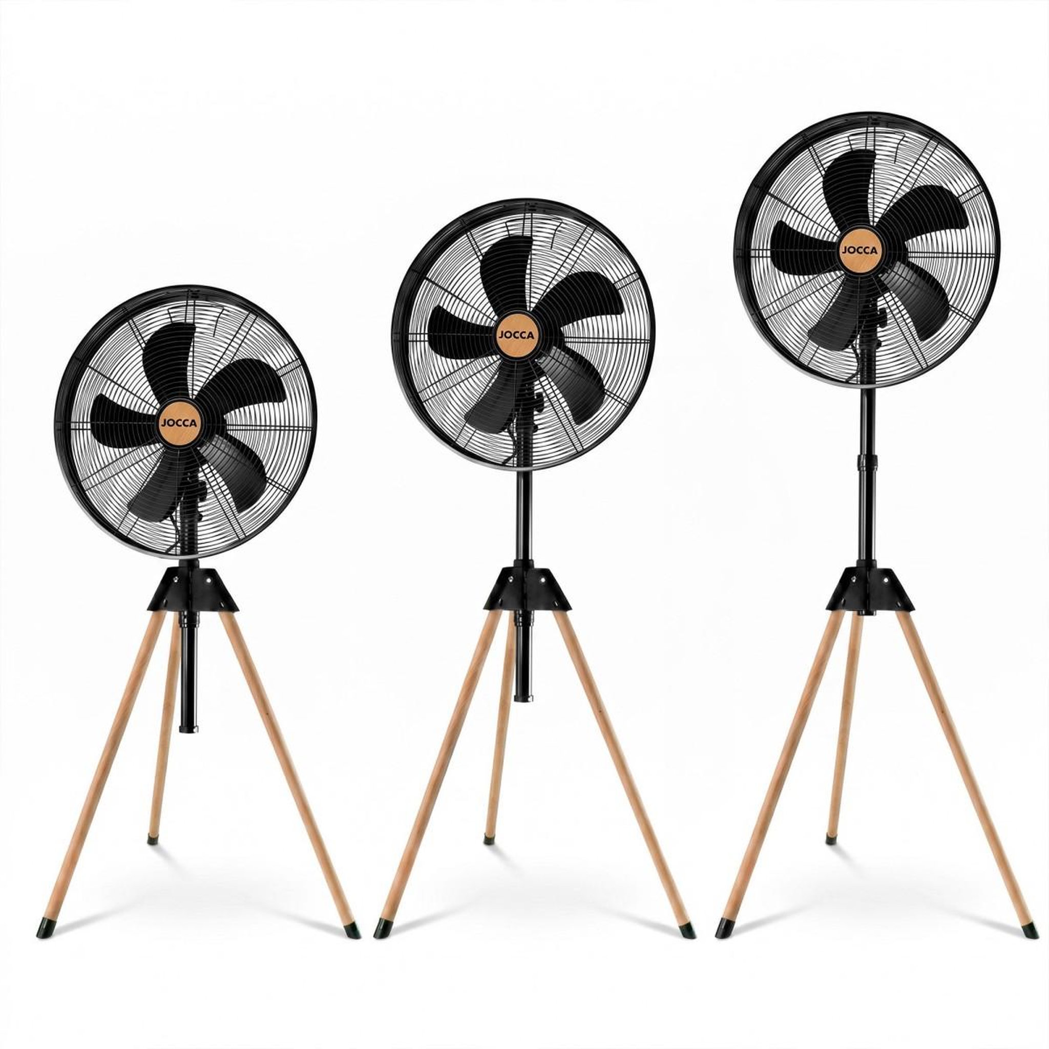 Voir la diapositive 2 : Jocca Ventilateur sur pied 50W Trépied Bois 5 Pales Ø40cm 3 Vitesses Oscillation Inclinaison & Hauteur Réglable 116 à 130 cm Jocca