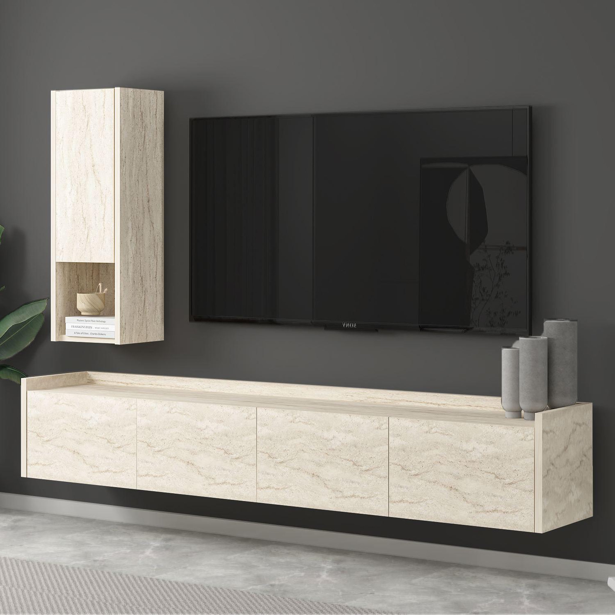 Voir la diapositive 3 : Habitat et Jardin Meuble tv avec étagère murale en bois  sema  - 160 x 30 x 35 cm - travertin