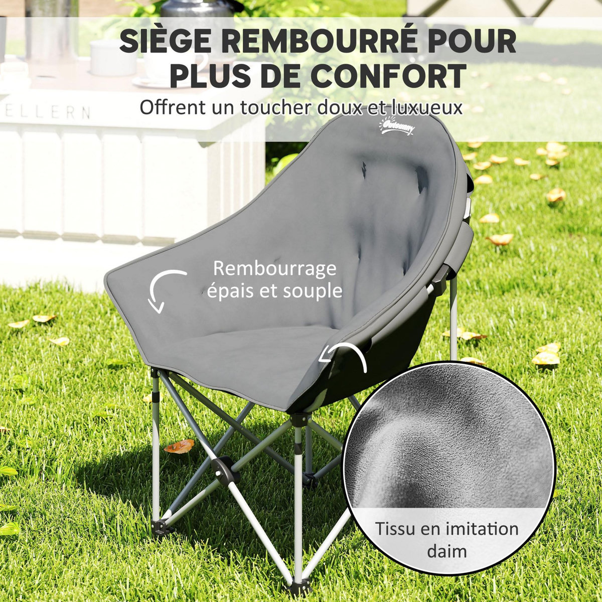 OUTSUNNY Chaise de camping pliante rembourrée revêtement toucher daim grand confort rangements sac inclus gris