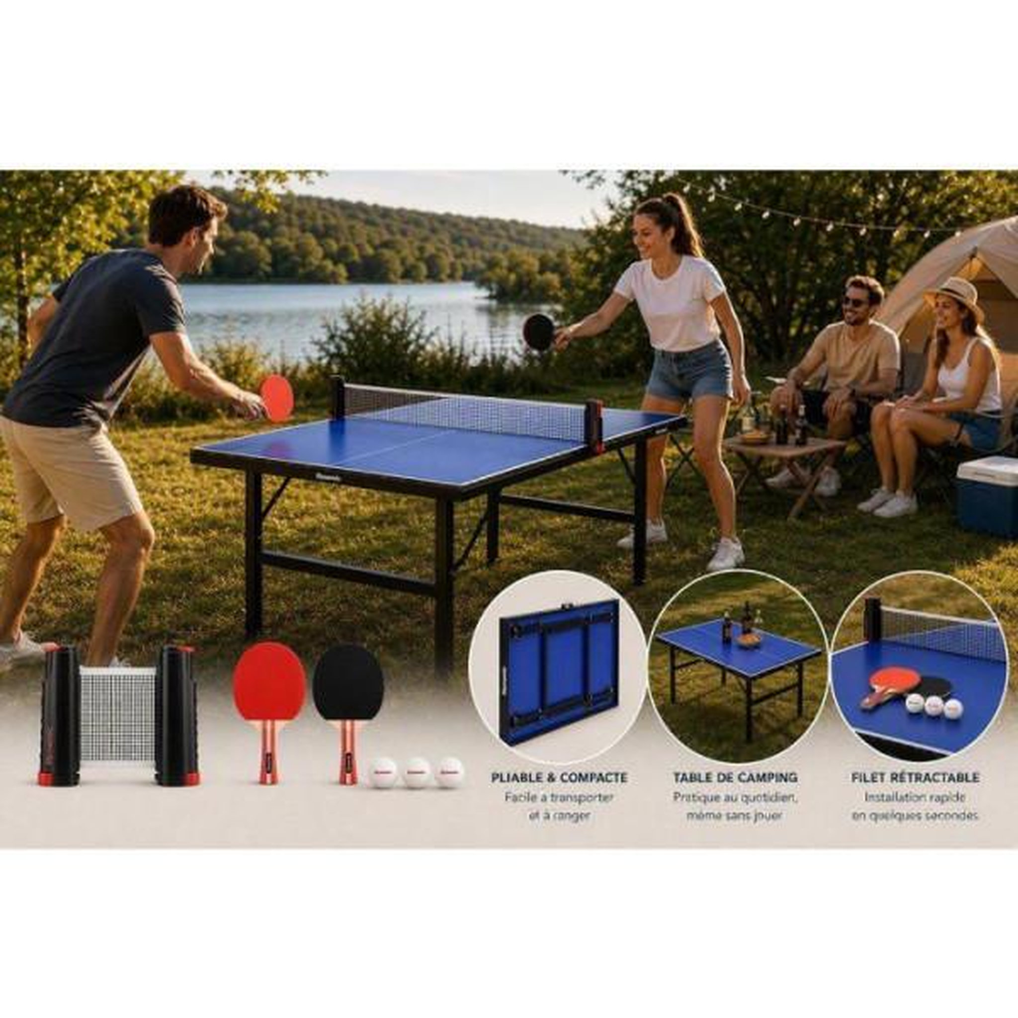 Voir la diapositive 4 : MARKET24 Set mini table de tennis de table dynamic - table pliable + filet extensible + 2 raquettes + 3 balles
