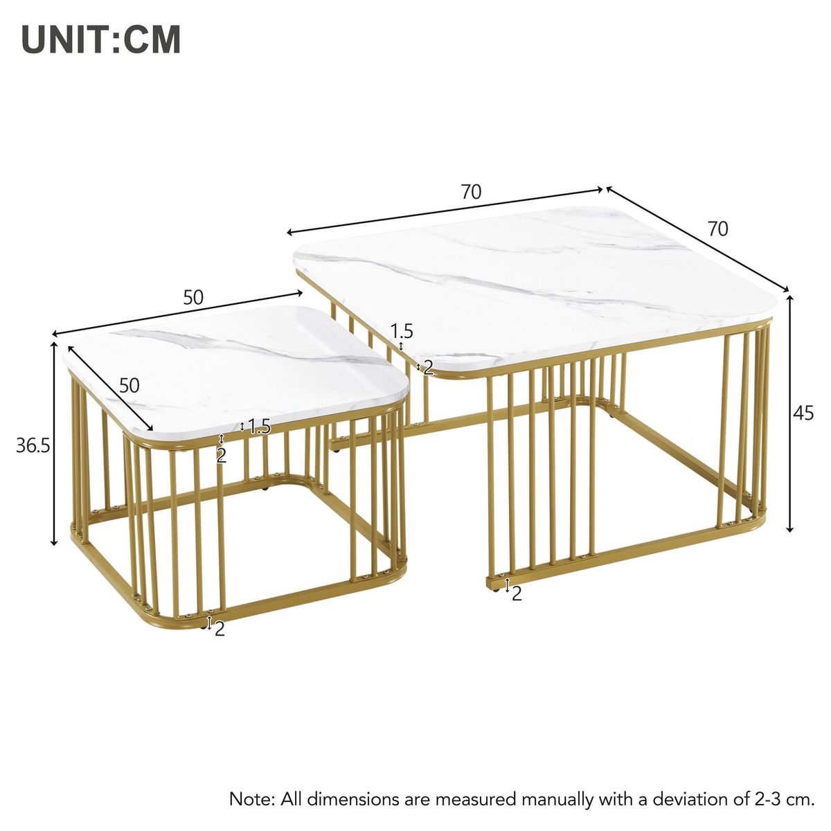 MERAX Lot De 2 Table Basse Gigognes Avec Pieds En Métal 50/70cm Blanc
