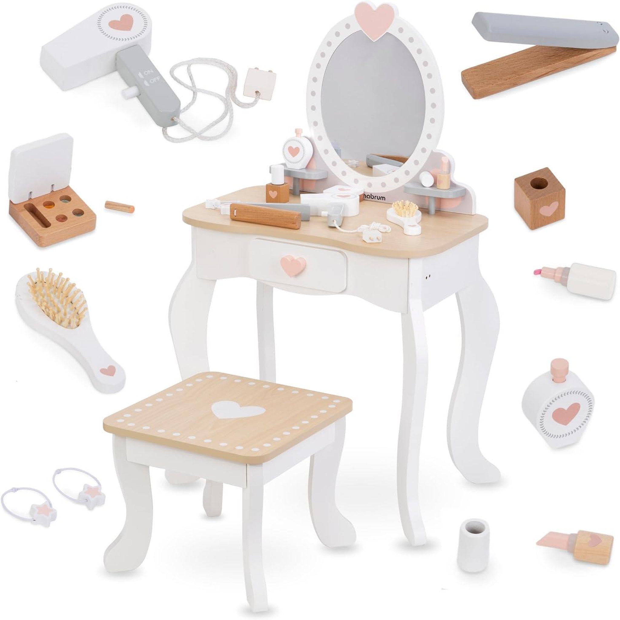 MAMABRUM Jouet D'imitation Coiffeuse Enfant en Bois Mamabrum, Miroir Tabouret et Accessoires