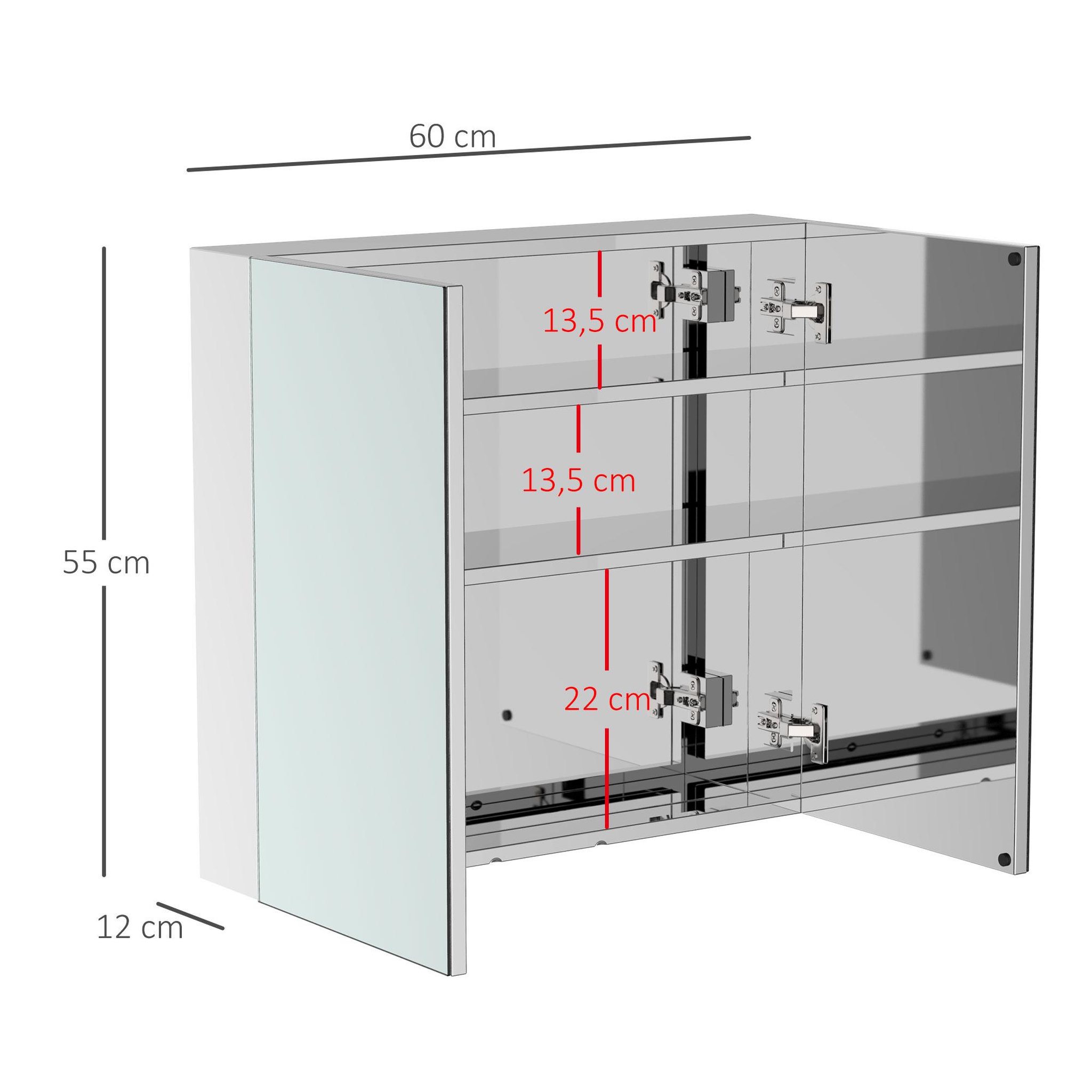 Voir la diapositive 3 : HOMCOM Armoire miroir rangement toilette salle de bain meuble mural dim. 60L x 12l x 55H cm acier inox.