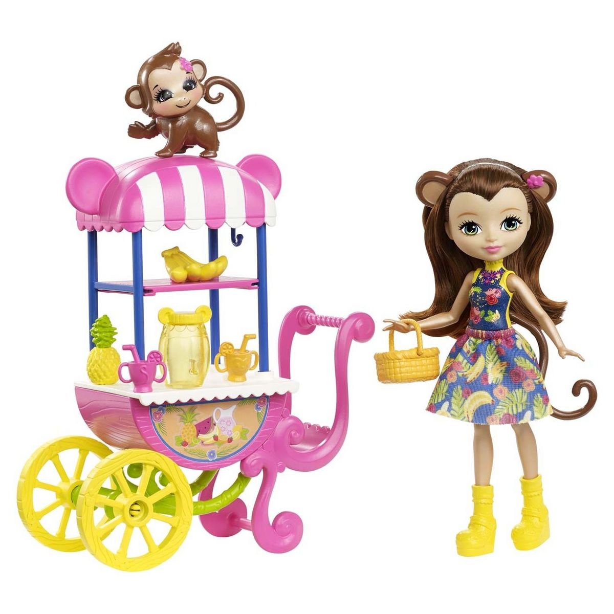 MATTEL Enchantimals - Pack Véhicule Coffret Mini Poupée - Merit Singe et son stand de fruits