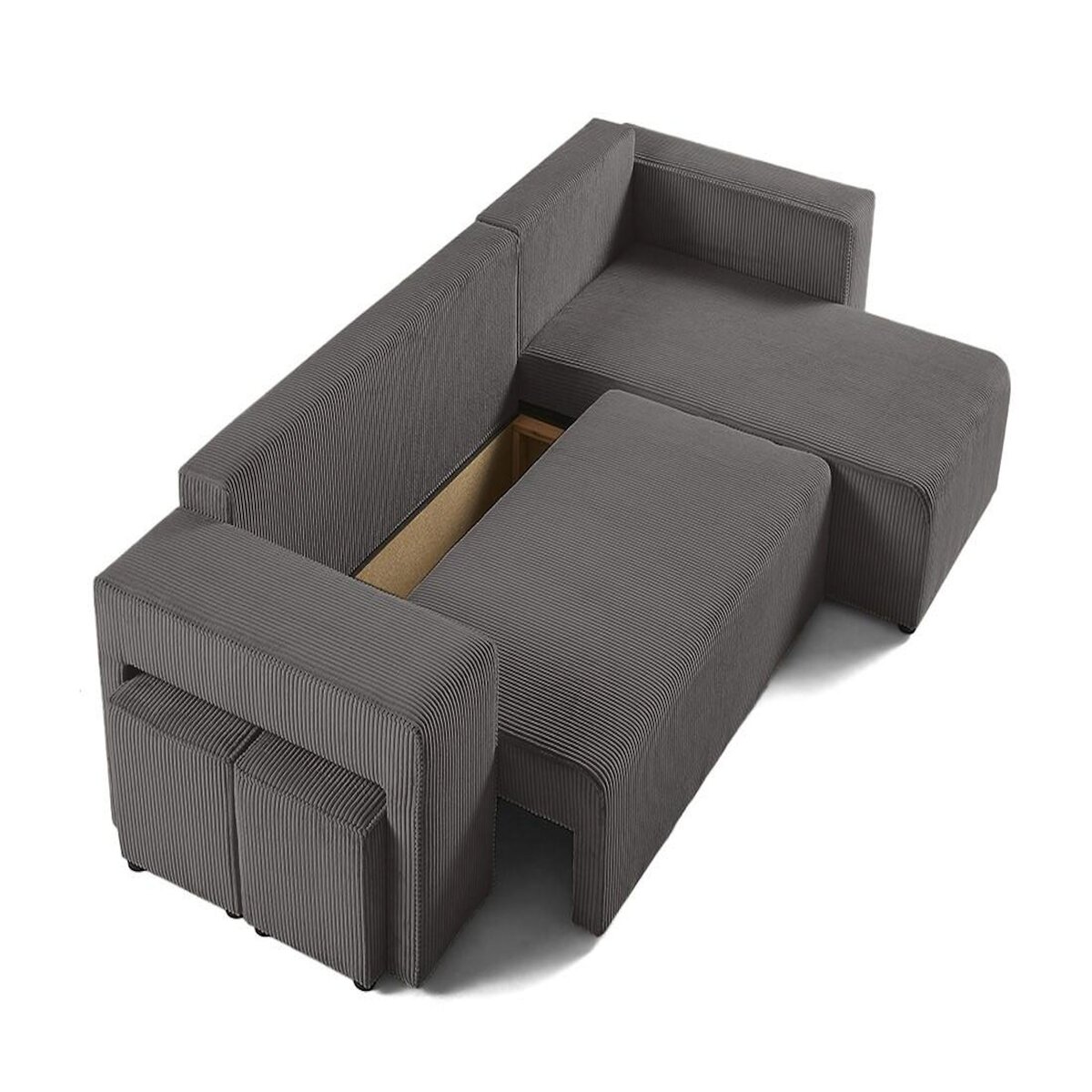 BEST MOBILIER Topaze - canapé d'angle réversible 4 places - convertible avec coffre, tablette et poufs - en velours côtelé