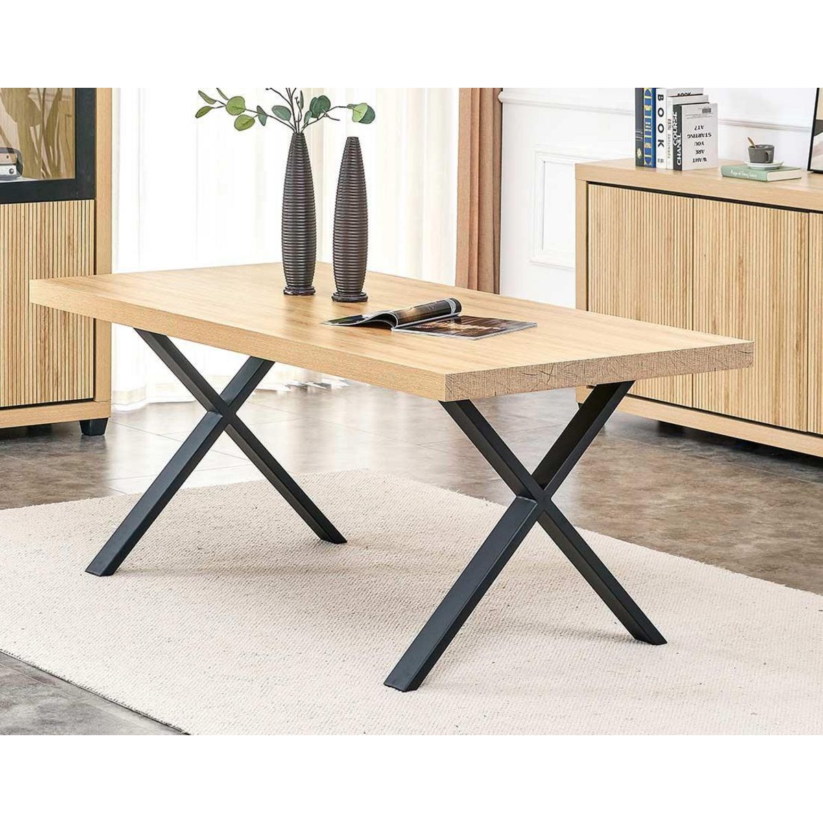 BEST MOBILIER Elsa - table à manger - effet bois et noir - 6 personnes
