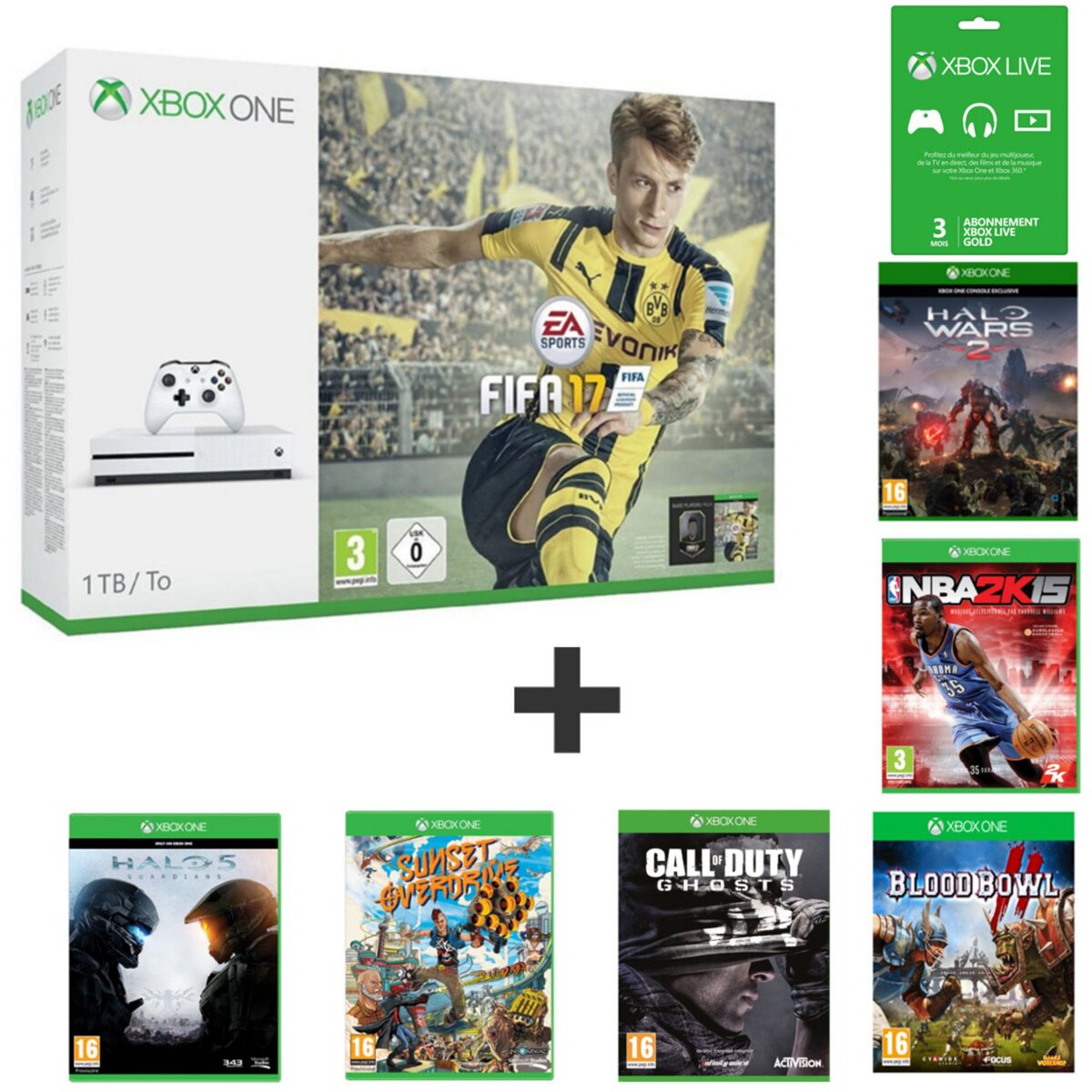 EXCLU WEB Console Xbox One S 1To FIFA 17 + 3 mois Xbox live + Halo Wars 2 + Halo 5 + Sunset Overdrive + Blood Bowl 2 + NBA 2K15 + Call Of Duty Ghosts