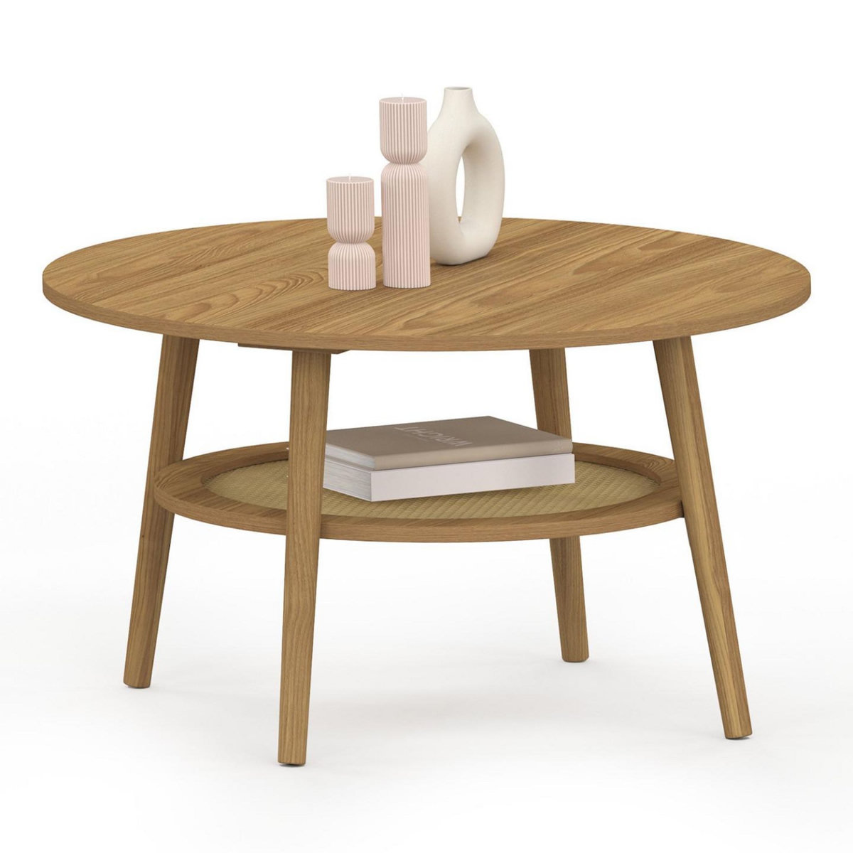 ID MARKET Table basse 70 cm HANAE ronde bois façon hêtre et plateau effet naturel cannage