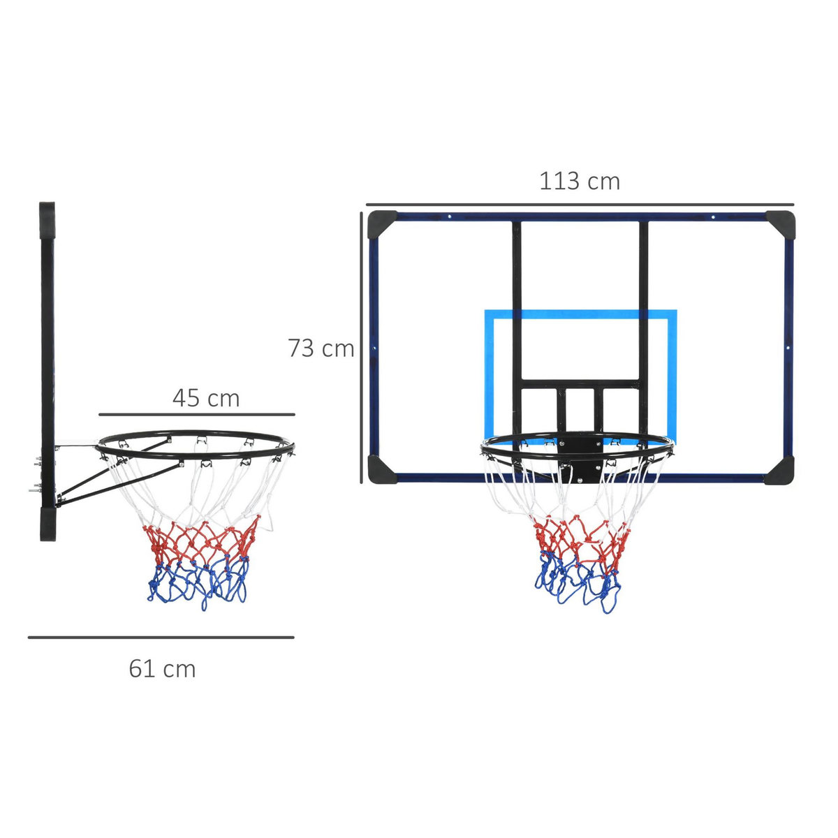 HOMCOM Panier de basket-ball mural - panneau de basket à accrocher - visserie incluse - acier PC bleu noir