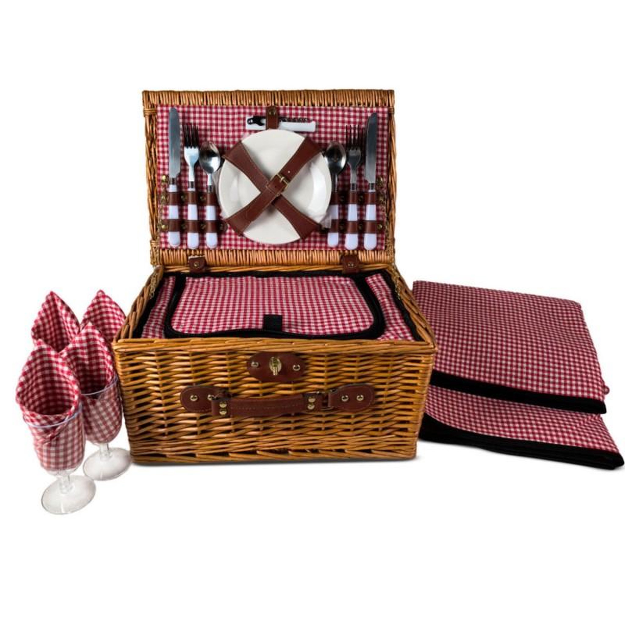 BLUMIE Set de pique-nique complet 4 personnes en osier naturel avec sac isotherme