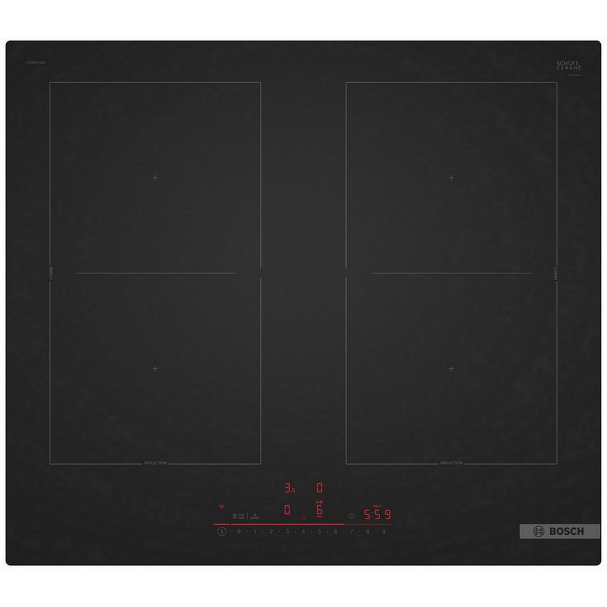 Voir la diapositive 1 : BOSCH Table de cuisson induction 60cm 4 feux 7400w noir mat - PVQ61CHB1E
