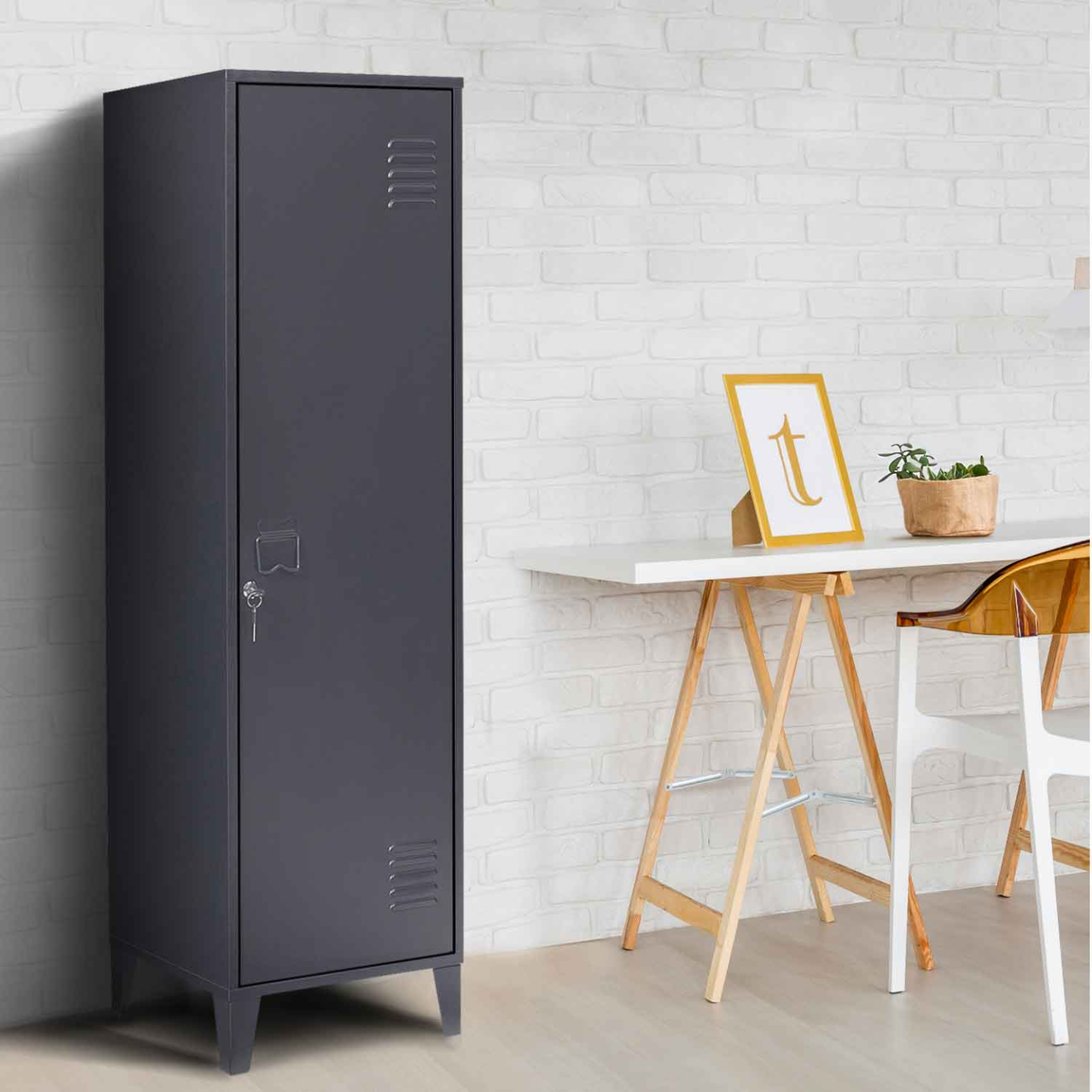 Voir la diapositive 2 : ID MARKET Armoire vestiaire ester 1 porte métal gris foncé design industriel