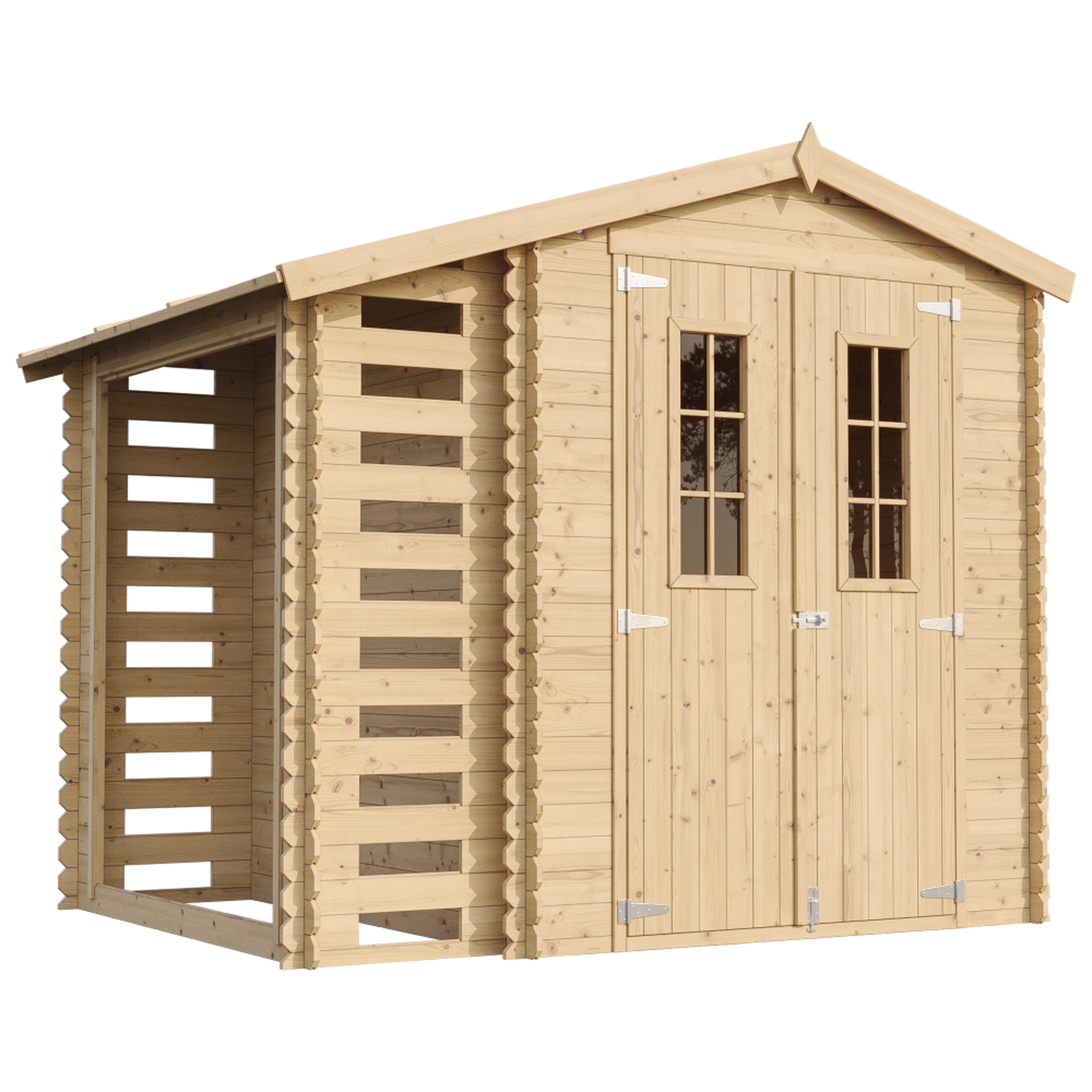 TIMBELA Abri de jardin en bois et range bûches extérieur - 206x272xh218 cm/3,53 + 0,97m2 m386c