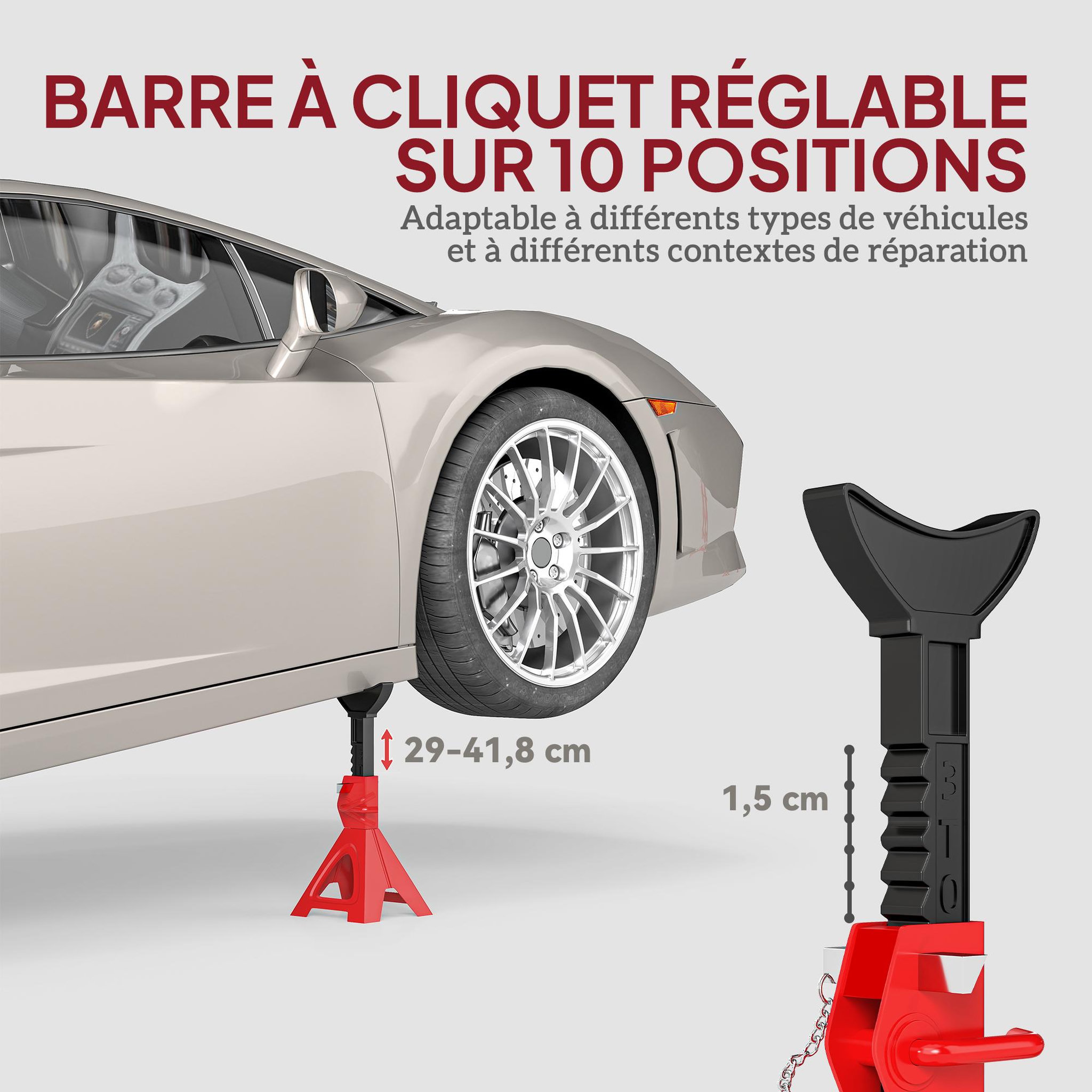 Voir la diapositive 4 : HOMCOM Lot de 2 chandelles - jusqu'à 3000 Kg par chandelle - H.290-418 mm - 4 pieds - acier rouge noir