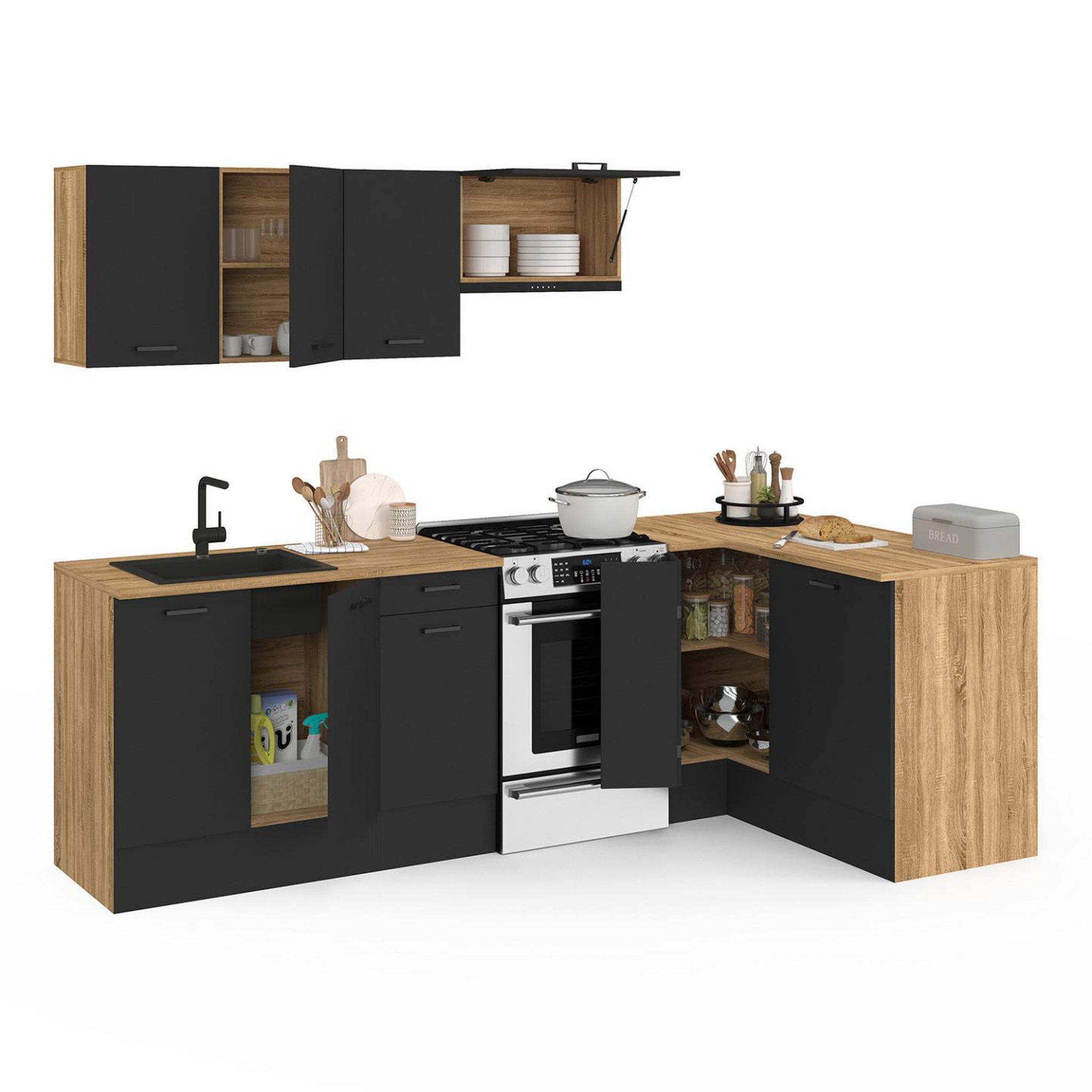 Voir la diapositive 4 : ID MARKET Cuisine complète d'angle 400 cm subtil avec plan de travail 7 élements bois et noir