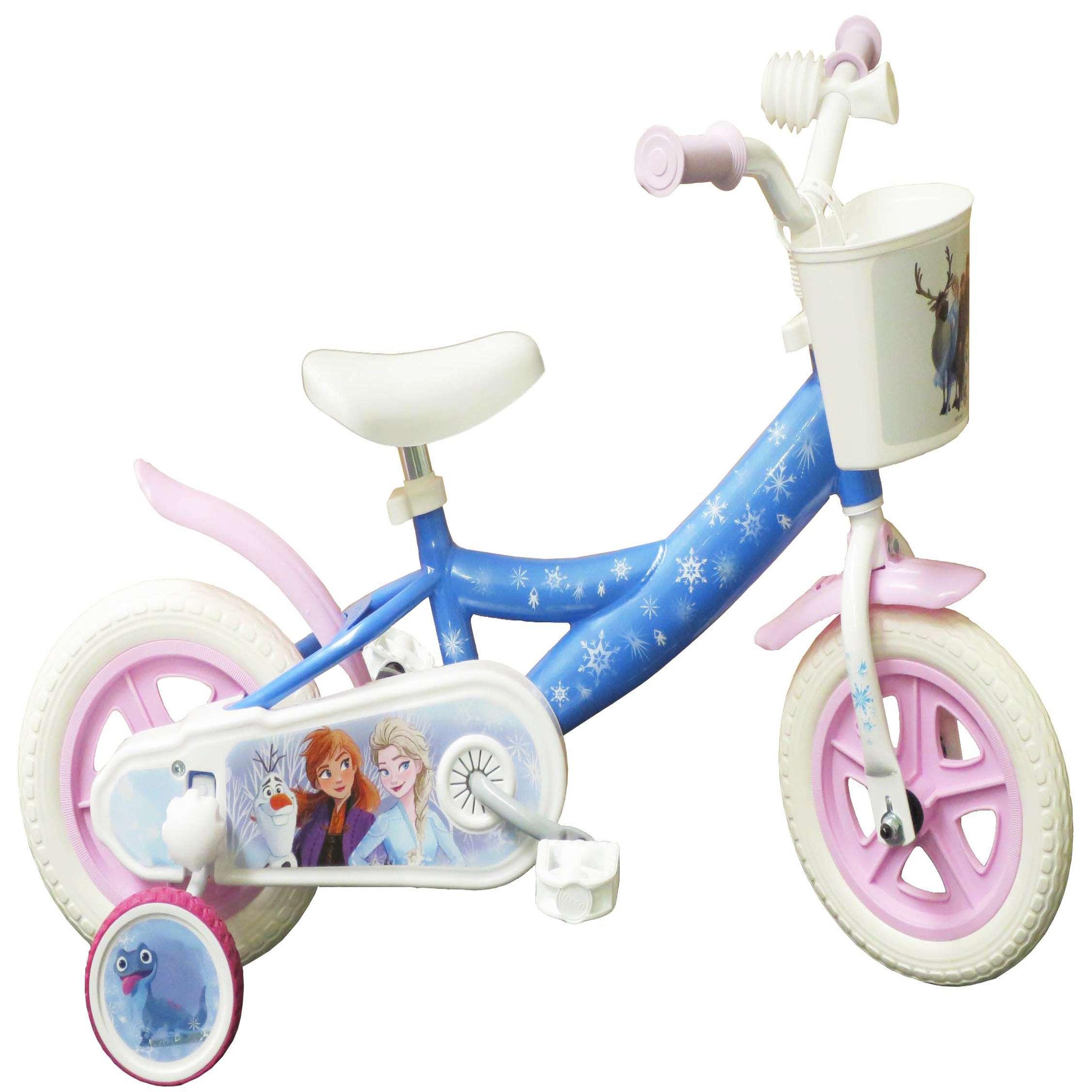 Disney La Reine des Neiges Vélo enfant 10''  Fille - Modèle Reine des neiges  - pour enfant de taille 75 à 90 cm - livré avec stabilisateurs et Panier avant+ garde boues & roues à bâtons