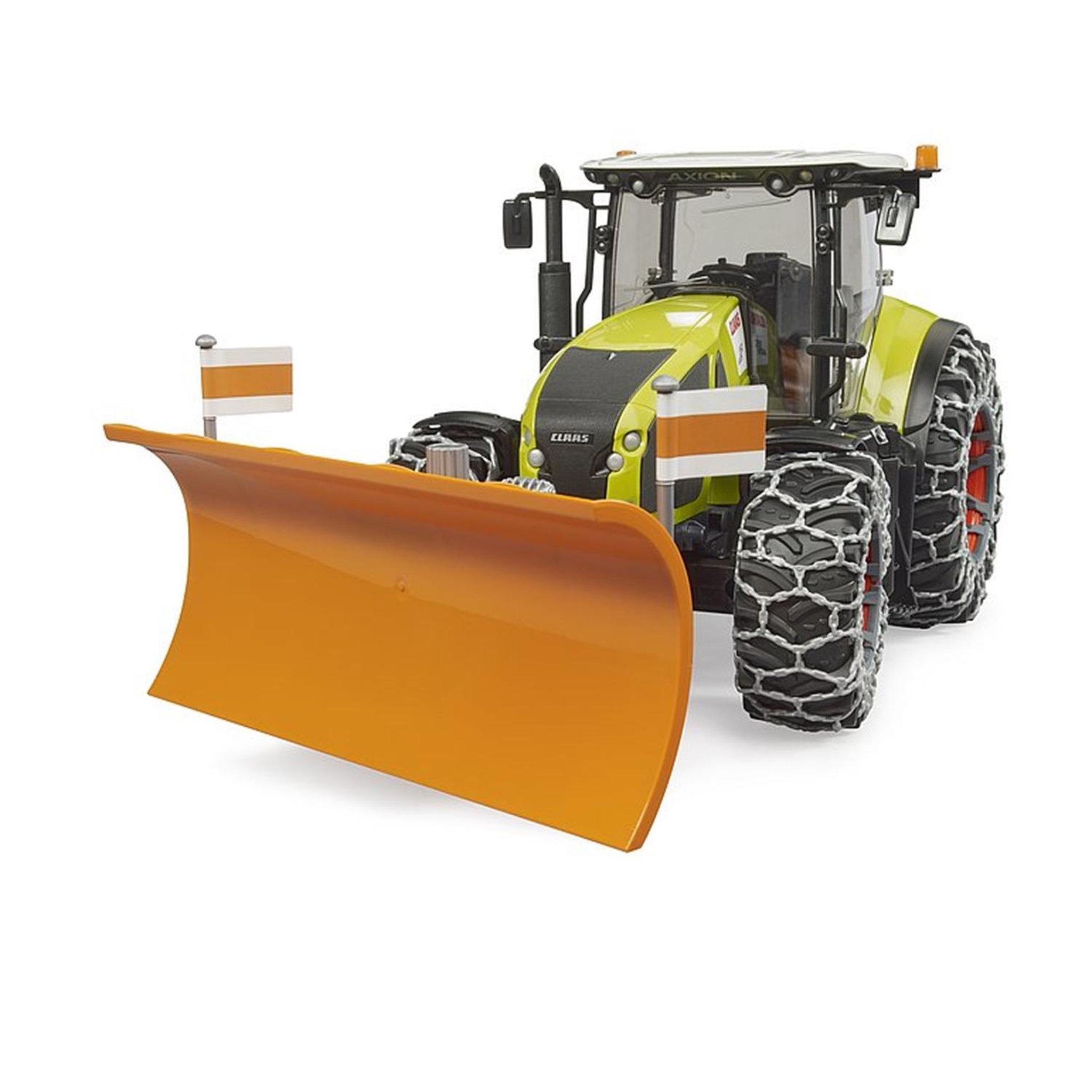Voir la diapositive 3 : Bruder Claas Axion 950 avec chaînes à neige et lame de niveleuse