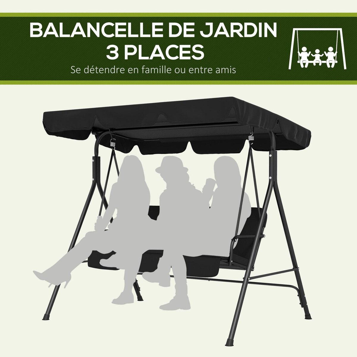 OUTSUNNY Balancelle de jardin 3 places toit réglable coussins assise dossier acier polyester noir