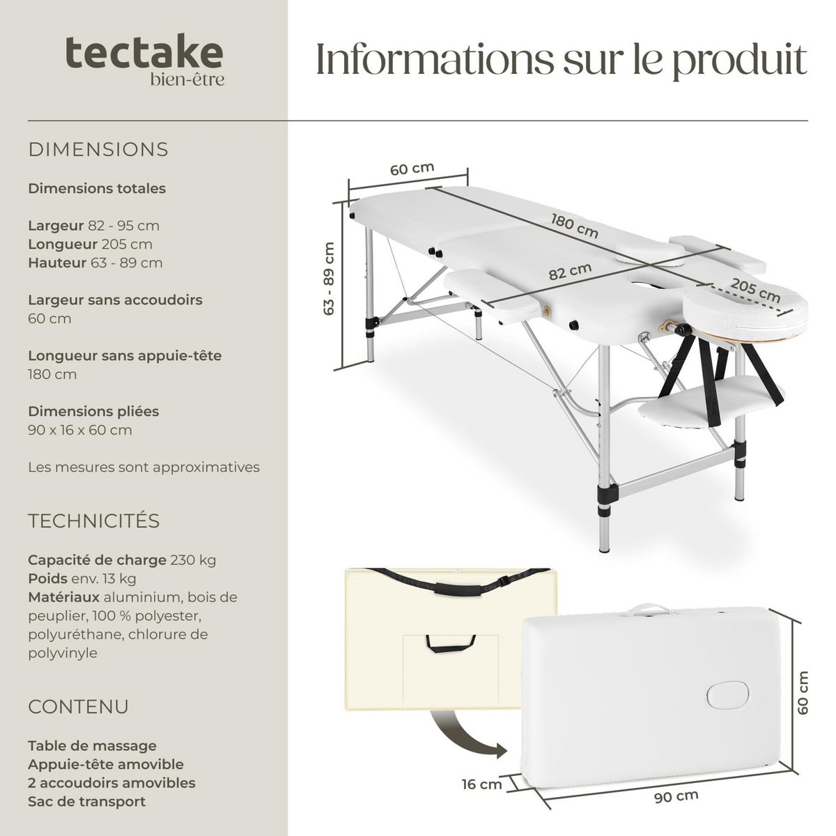 tectake Table de massage portable pliante 2 zones avec sac de transport inclus blanc