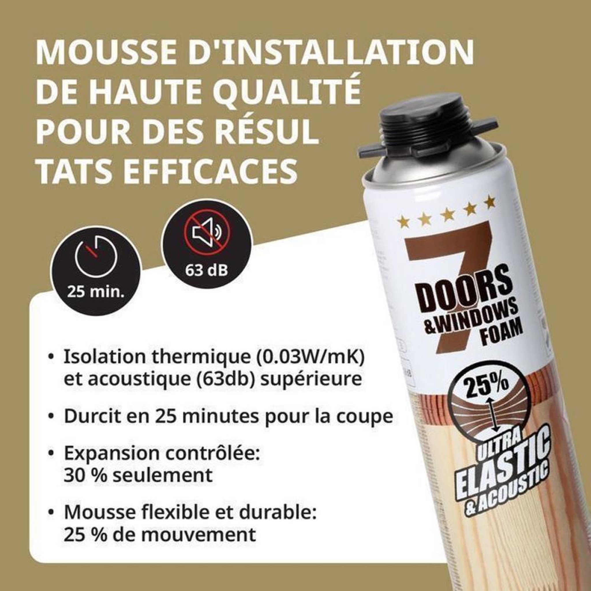 Voir la diapositive 5 : Mousse polyuréthane élastique monocomposant pour pistolet, faible expansion, 25% de mouvement, isolation et étanchéité portes-fenêtres, 750 ml