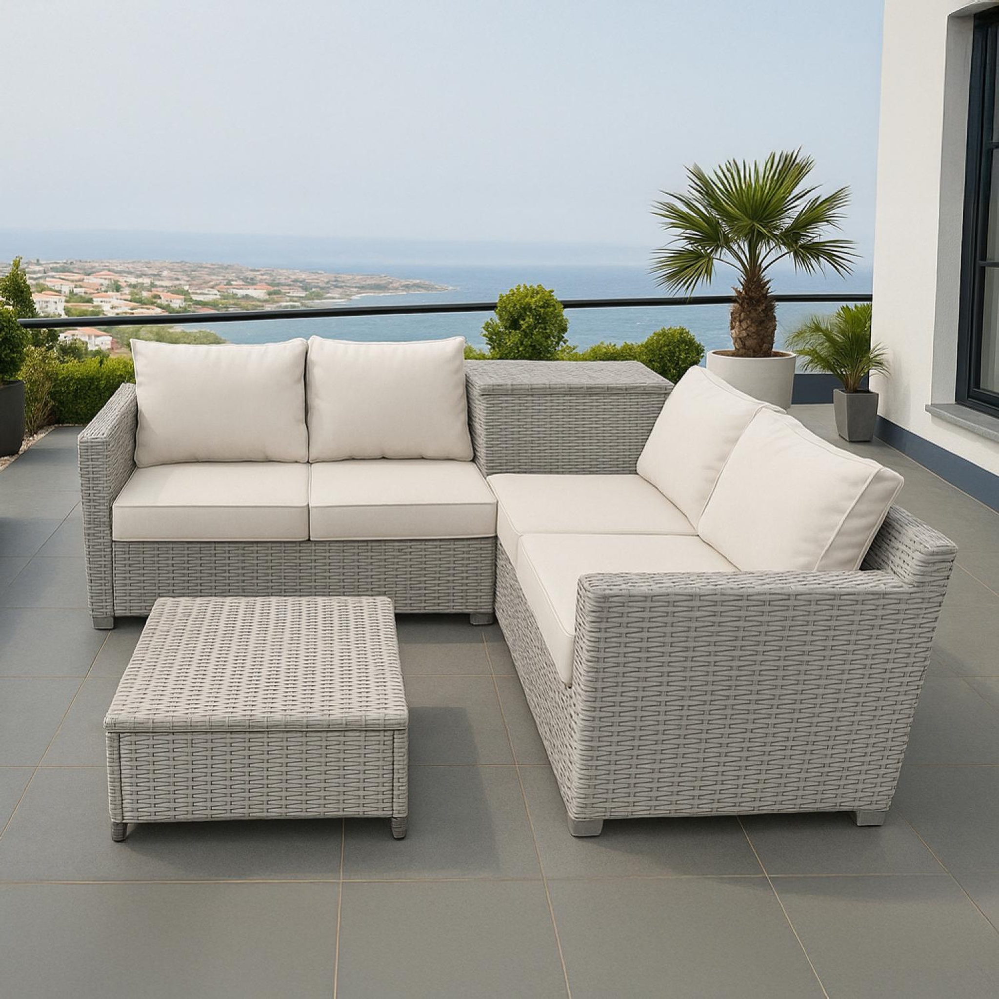 Voir la diapositive 2 : CONCEPT USINE Salon de jardin d'angle 4 places en résine tressée avec coffre de rangement gris et beige abacos