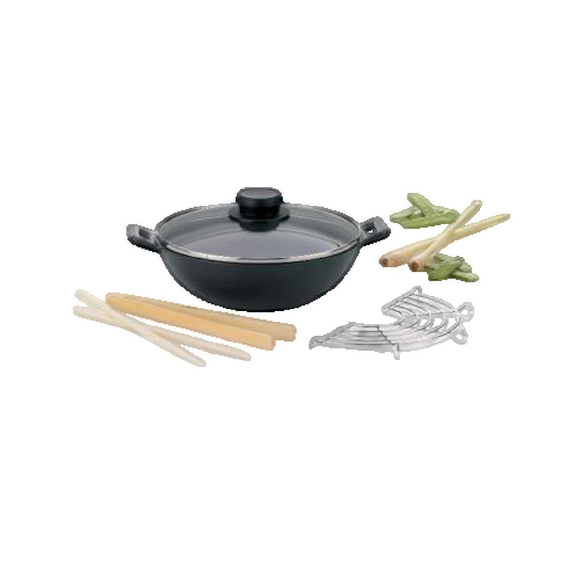 Kela Mini Wok Kela 77747 Fonte 24 cm 1,6 L avec accessoires bambou et couvercle verre