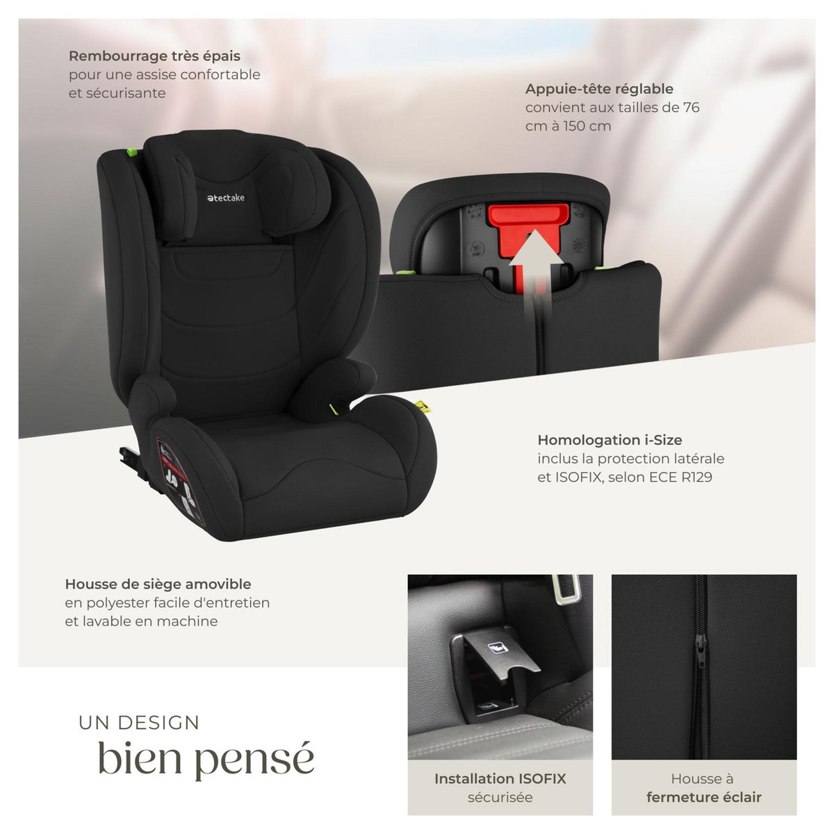 tectake Siège auto norme i-size et base isofix avec protection contre les chocs latéraux noir