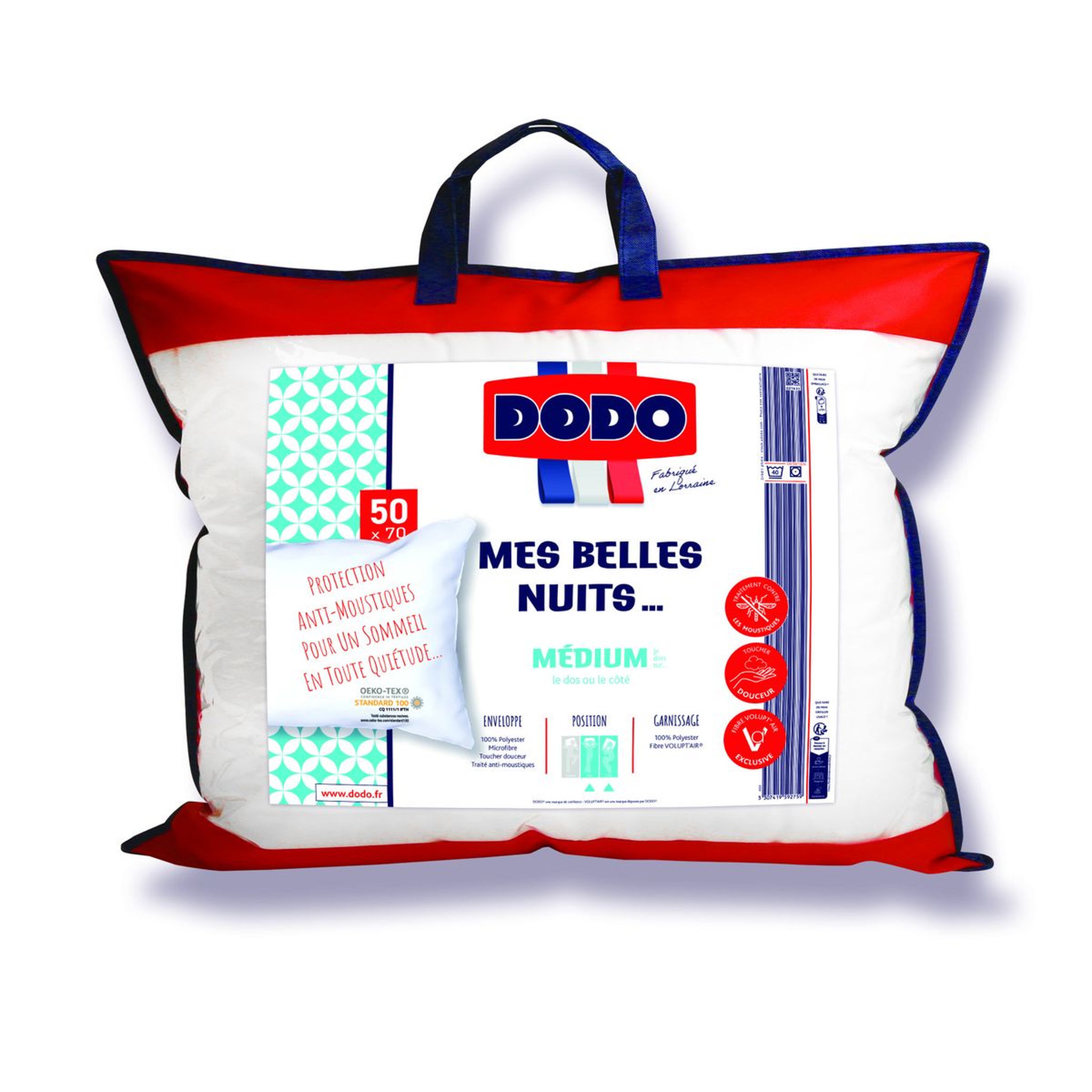 Voir la diapositive 1 : DODO Oreiller confort médium en microfibre traité anti moustiques MES BELLES NUITS