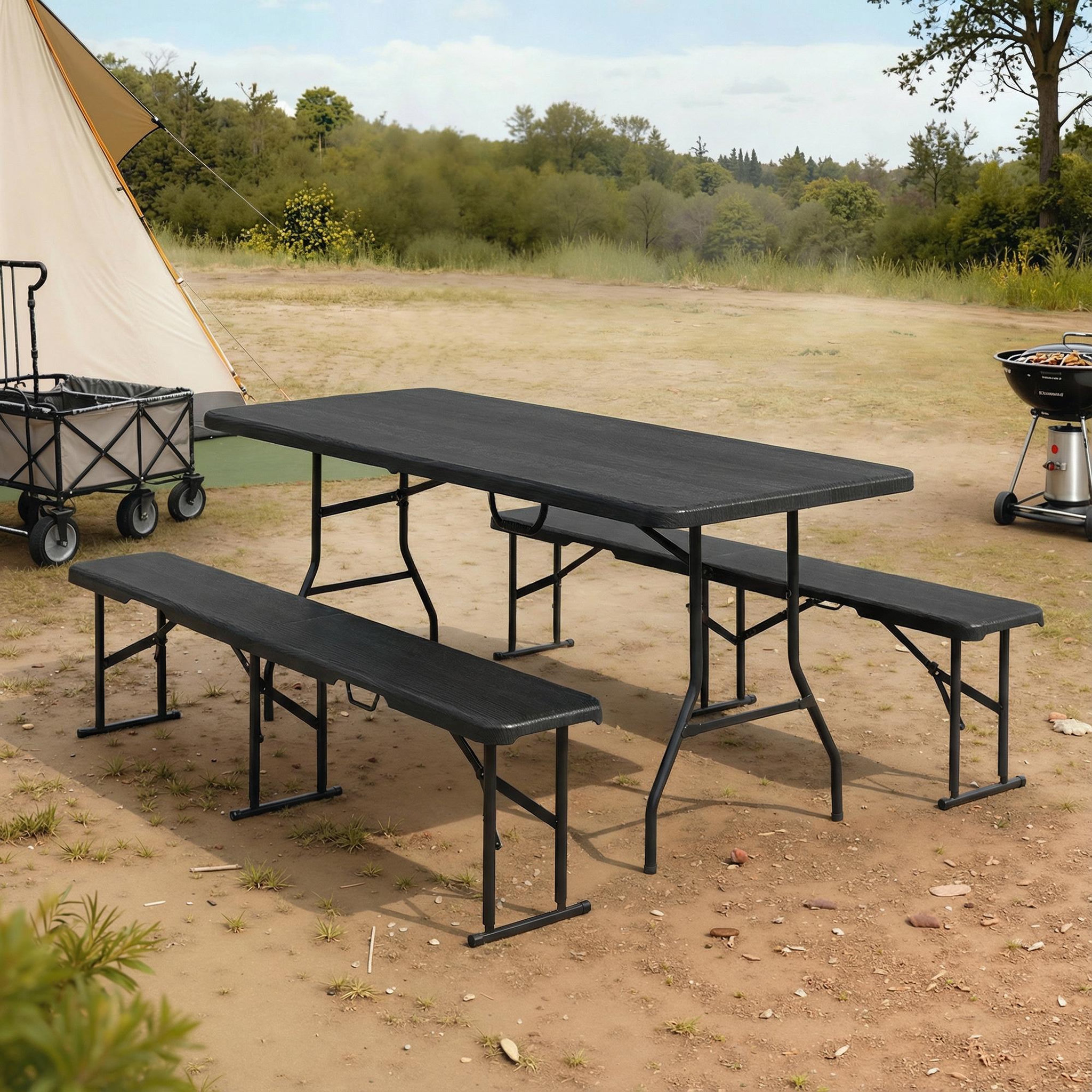 Voir la diapositive 2 : OUTSUNNY Ensemble table 2 bancs pliables avec poignées - usage pique-nique camping - métal époxy hdpe noir