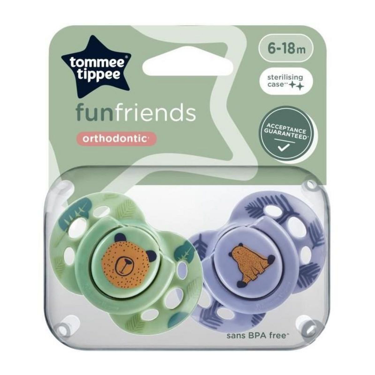 TOMMEE TIPPEE Sucette - TOMMEE TIPPEE - FUN - 6-18 mois - Lot de 2 sucettes symétriques sans BPA - Capsule de stérilisation réutilisable