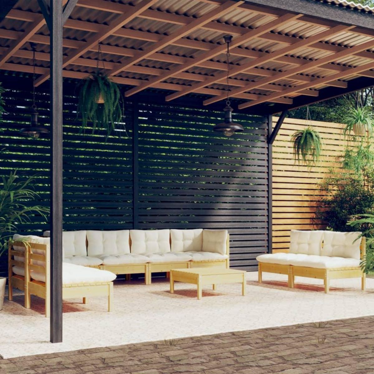 VIDAXL Salon de jardin 9 pcs avec coussins creme bois de pin massif