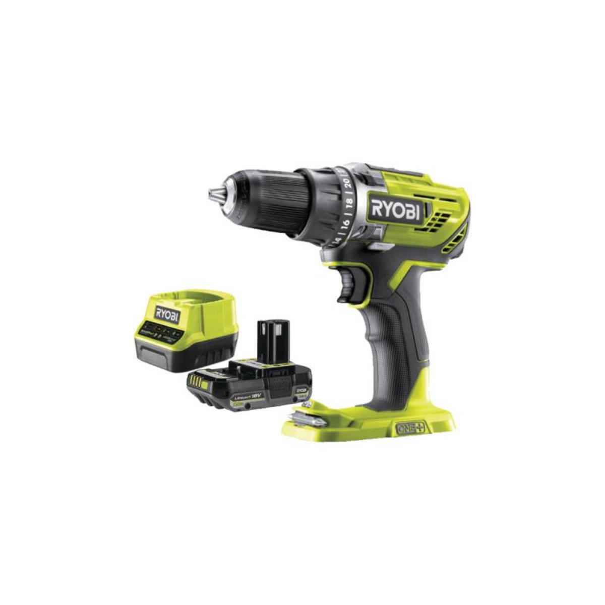 Ryobi Pack RYOBI Perceuse-visseuse R18DD3 - 18V One+ - 1 Batterie 2.0Ah - 1 Chargeur rapide