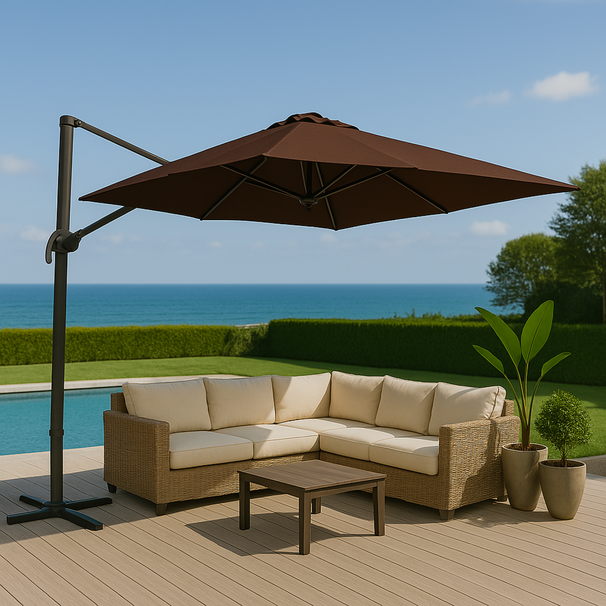 Voir la diapositive 2 : CONCEPT USINE Parasol marron droit rond 35 x 35 m rotatif à 360 castillo