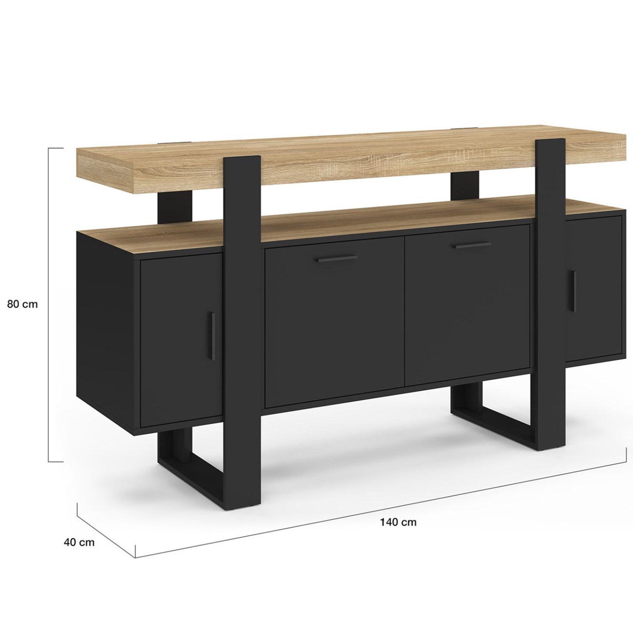 Voir la diapositive 5 : ID MARKET Buffet 140 cm phoenix 4 portes noir avec plateau bois