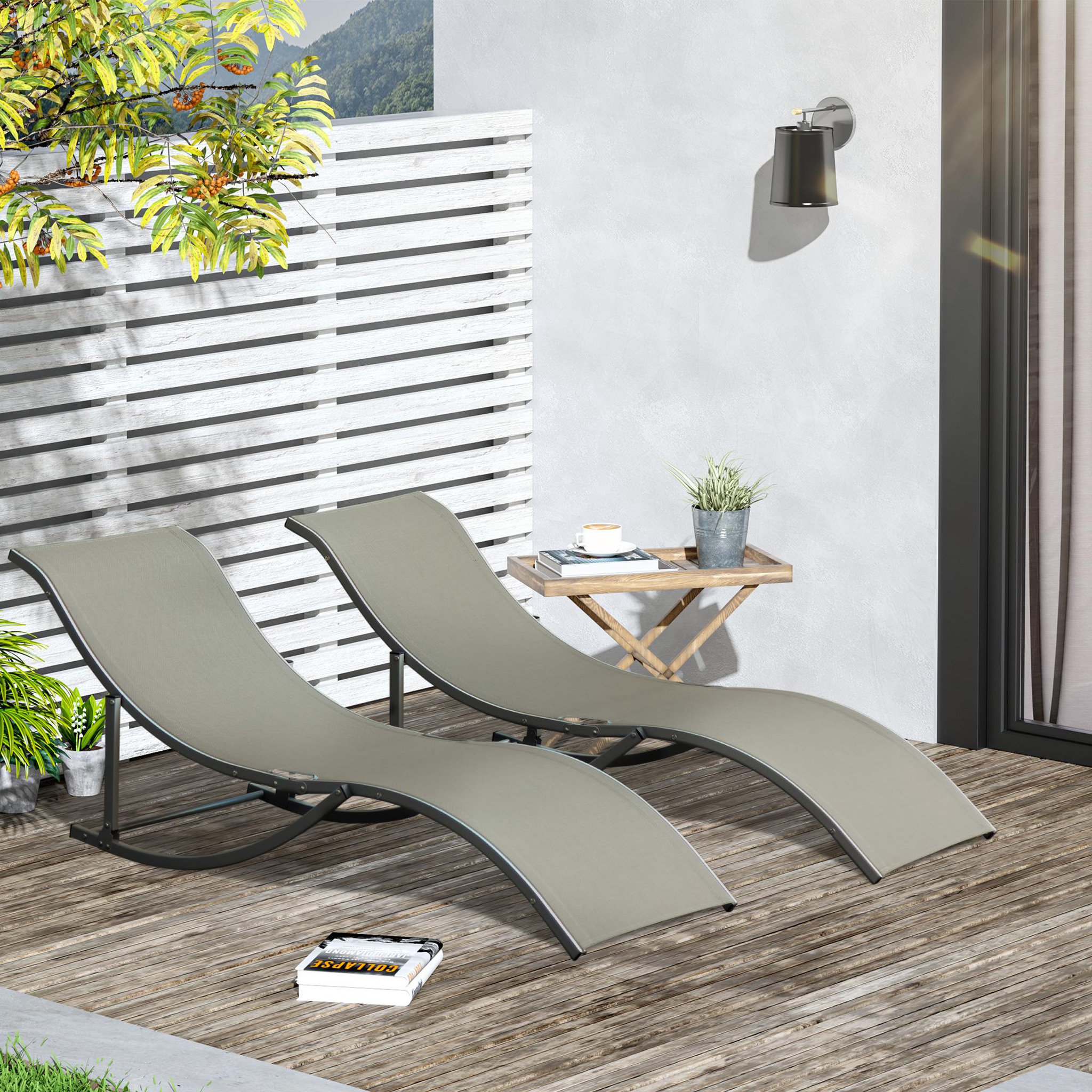 Voir la diapositive 2 : OUTSUNNY Lot de 2 bains de soleil pliables design contemporain - lot de 2 transats ergonomiques - alu. textilène gris clair
