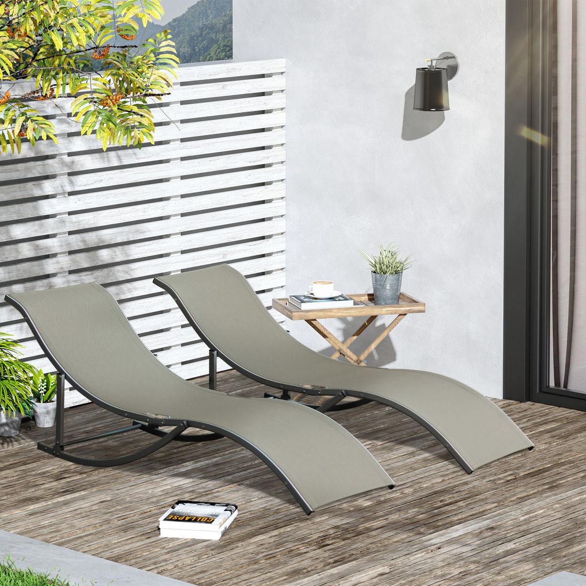 OUTSUNNY Lot de 2 bains de soleil pliables design contemporain - lot de 2 transats ergonomiques - alu. textilène gris clair