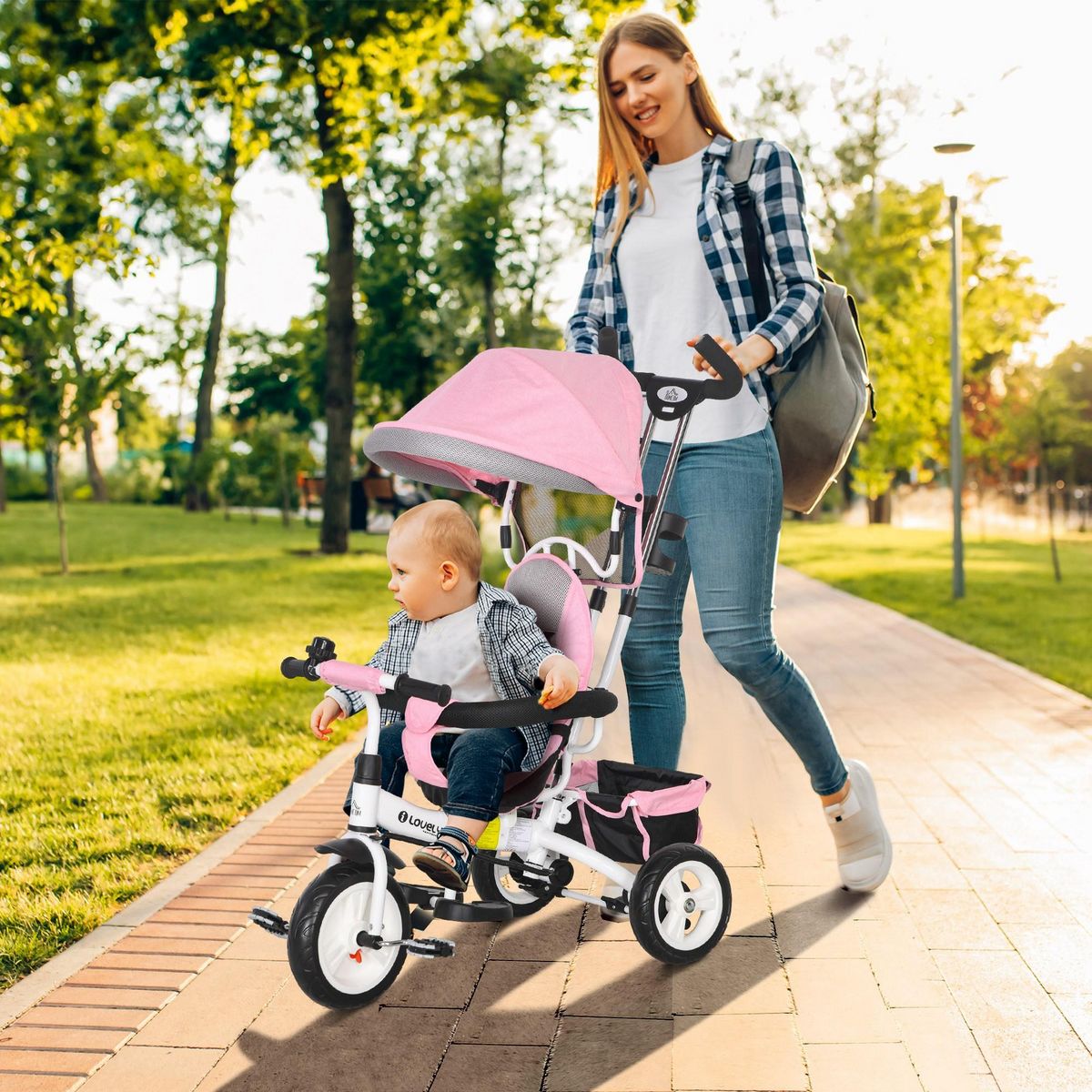 HOMCOM Tricycle enfant évolutif pare-soleil pliable canne télescopique amovible acier rose