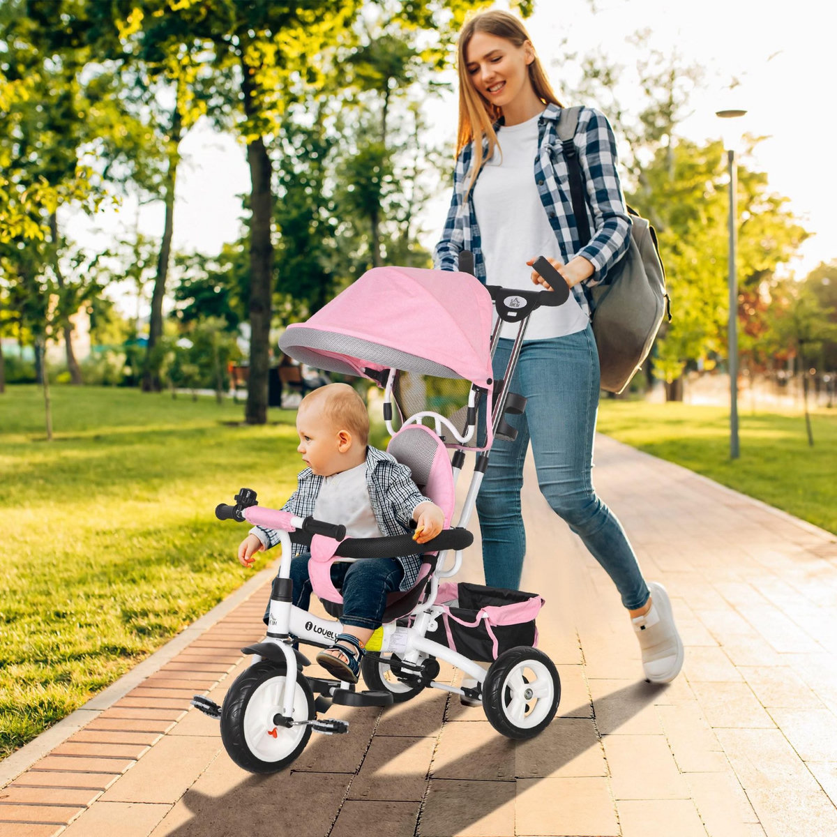 HOMCOM Tricycle enfant évolutif pare-soleil pliable canne télescopique amovible acier rose