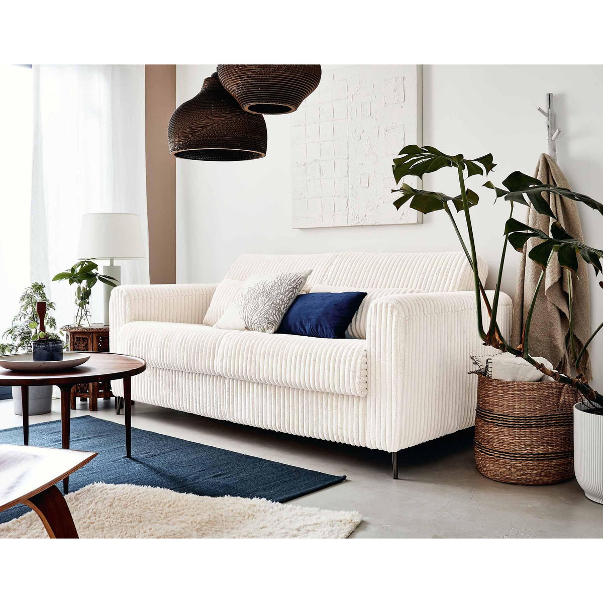 LISA DESIGN Owen - canapé 3 places convertible express couchage quotidien 140 cm matelas 12 cm en velours côtelé grosses côtes