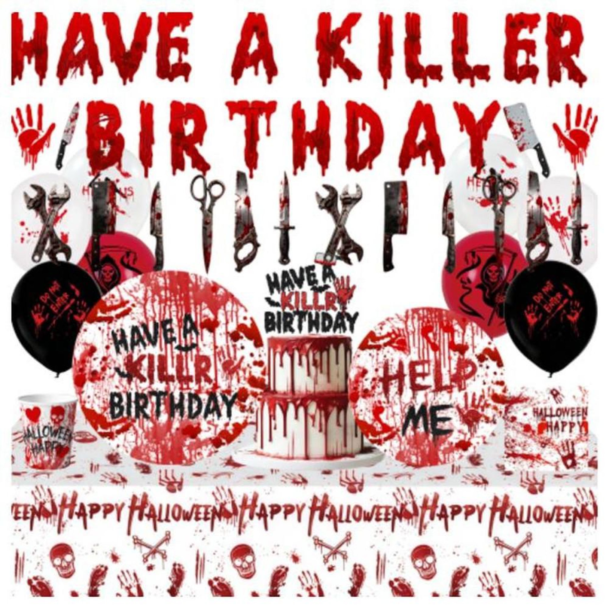 Kit décoration fête d'Halloween rouge et noire à motifs horreur, banderole « HAVE A KILLER BIRTHDAY », ballons et impressions murales