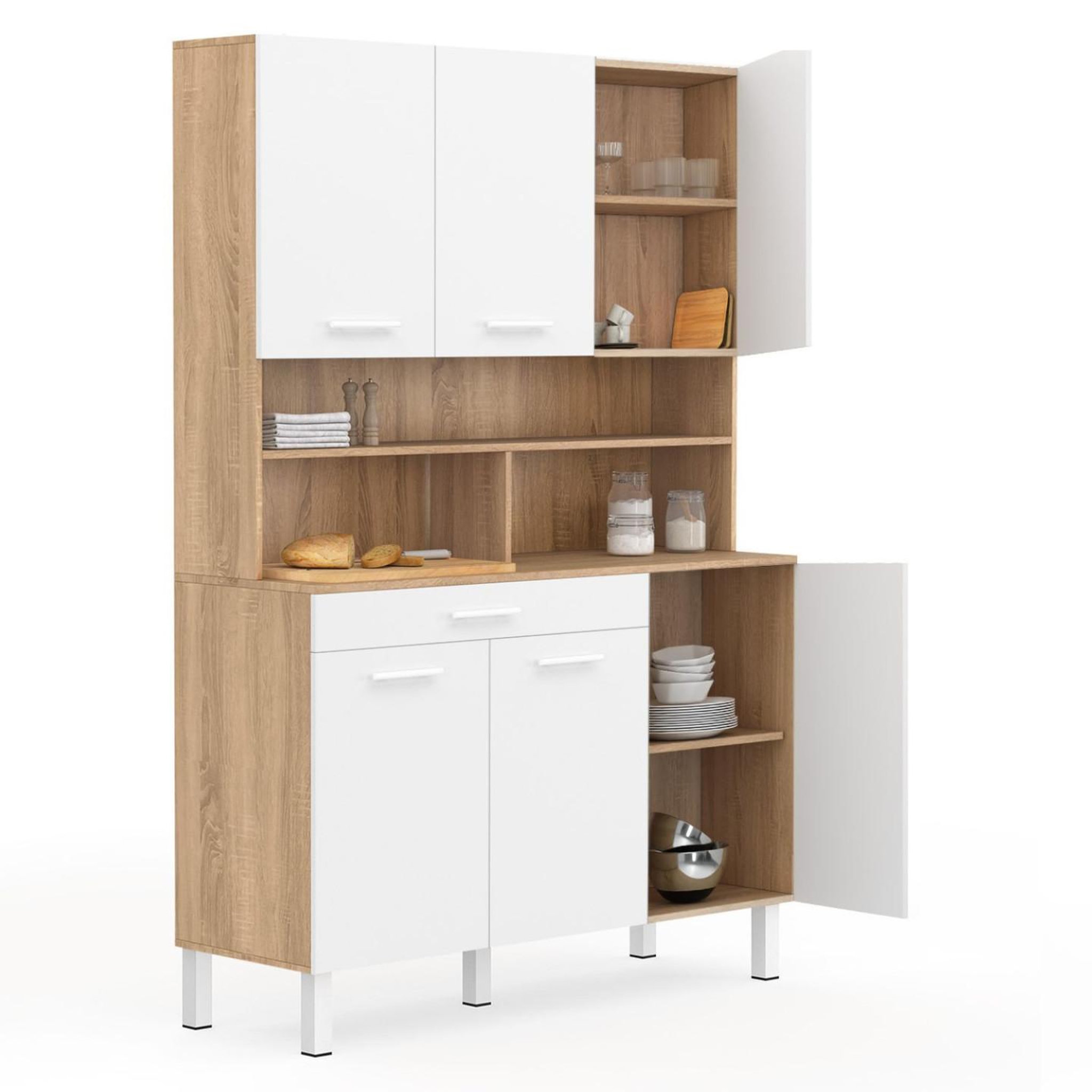 Voir la diapositive 4 : ID MARKET Buffet de cuisine 120 cm cina 6 portes + tiroir façon hêtre et blanc