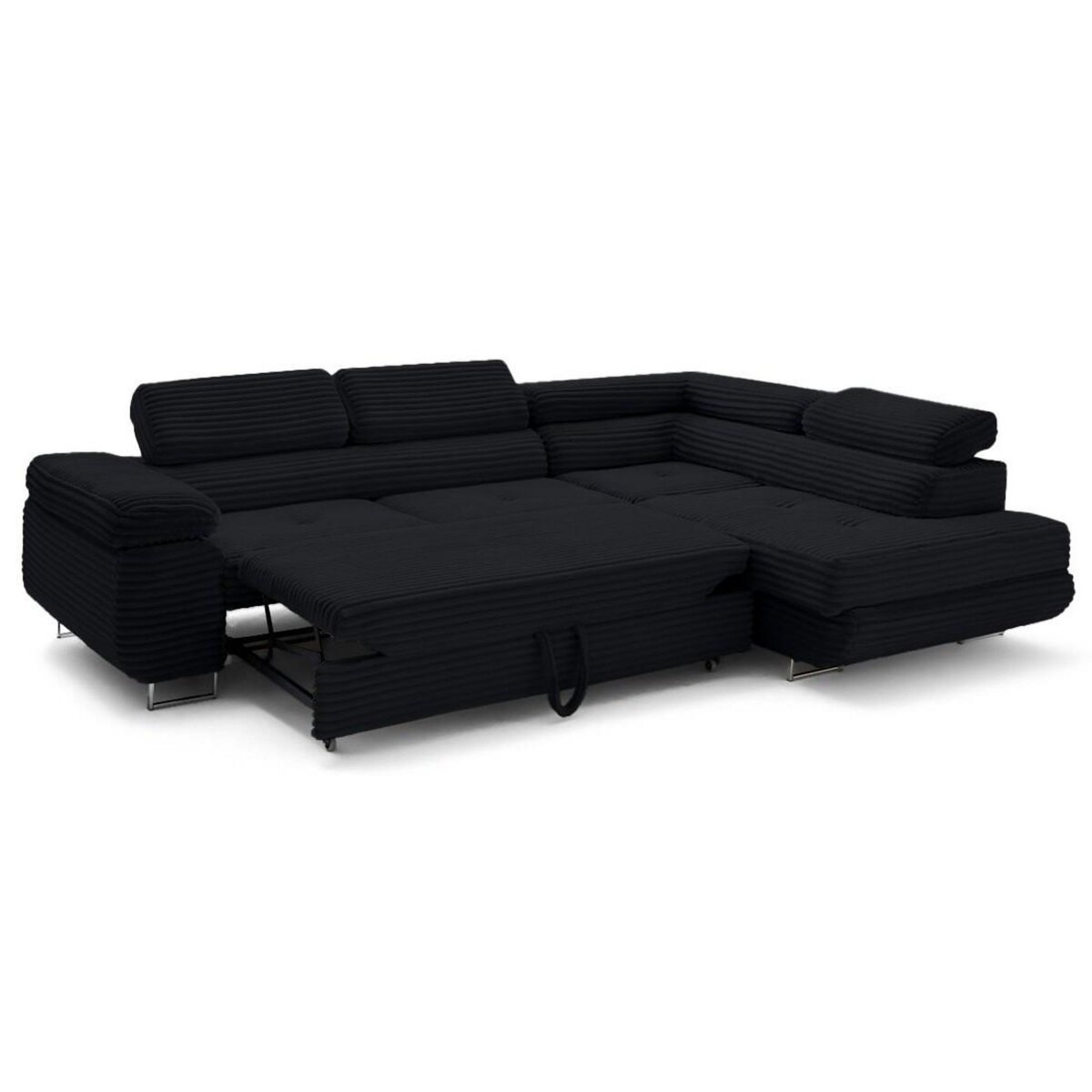 LISA DESIGN Zaria - canapé d'angle droit 5 places convertible avec coffre et têtières en velours côtelé grosses côtes