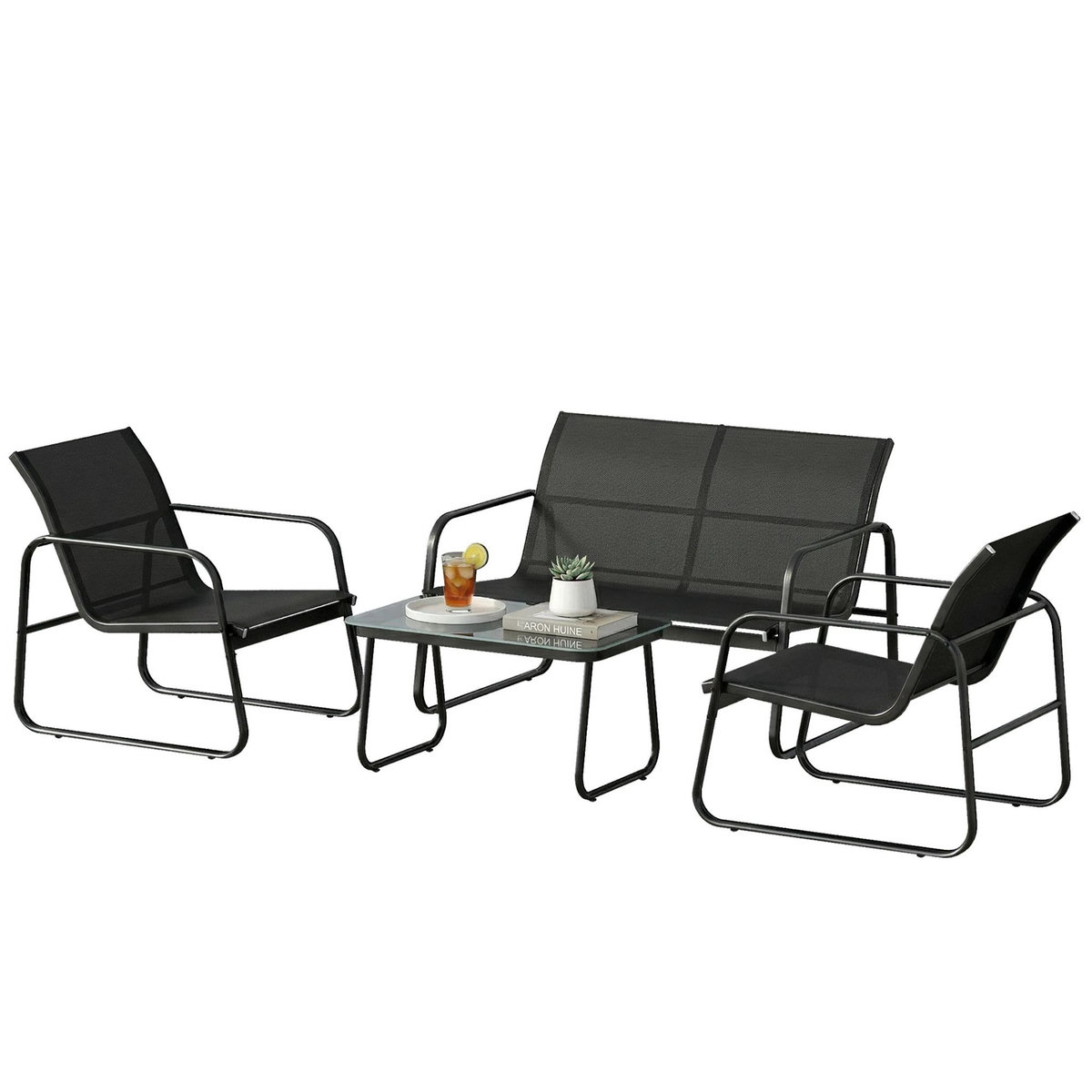 OUTSUNNY Salon de jardin canapé fauteuils table basse gris noir