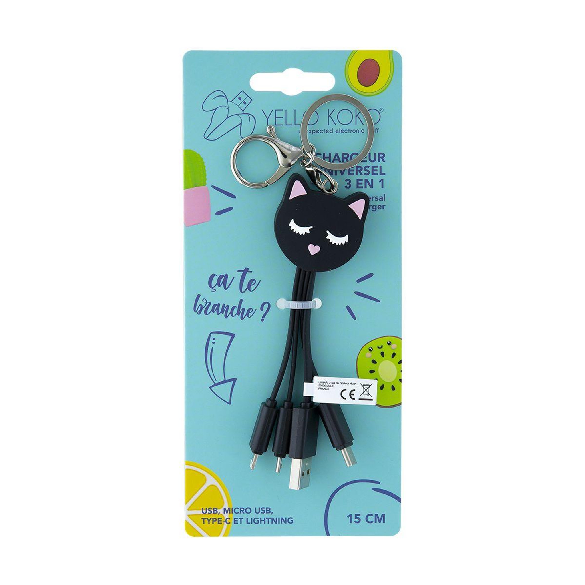 Voir la diapositive 2 : YELLO KOKO Câble trio usb vers usb-c/micro/lightning chat