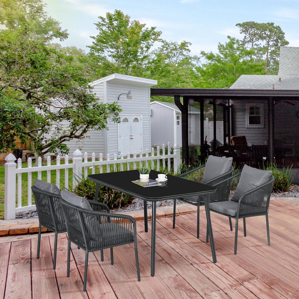 OUTSUNNY Salon de jardin 4 places 5 pièces table à manger chaises empilables coussins alu résine noir gris