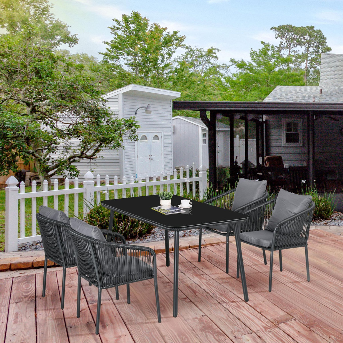 OUTSUNNY Salon de jardin 4 places 5 pièces table à manger chaises empilables coussins alu résine noir gris